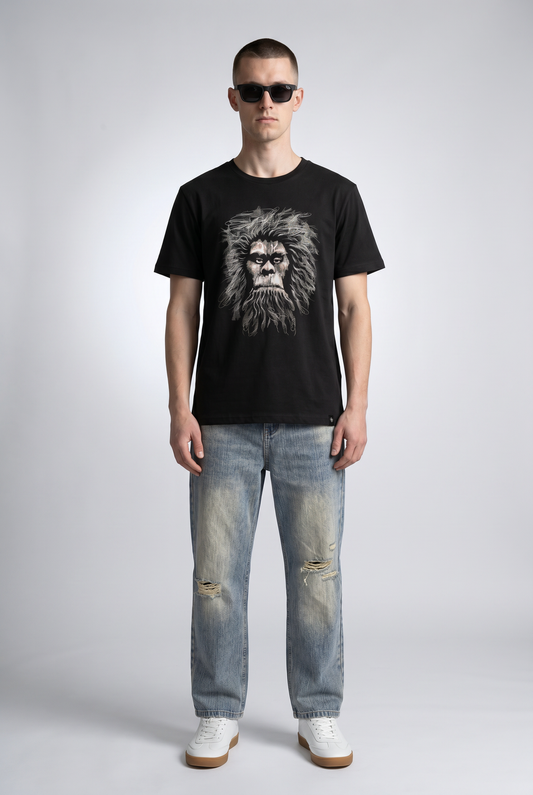 Black male model wearing front view — RARILETO Caveman Classic Tee