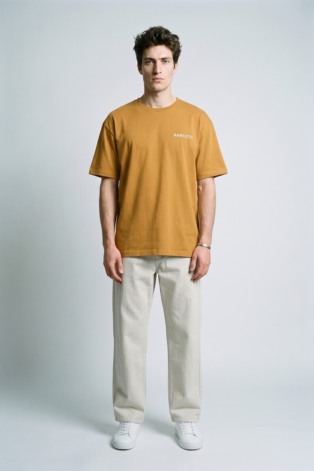 Camel male model wearing front view — RARILETO Left Logo Classic Tee
