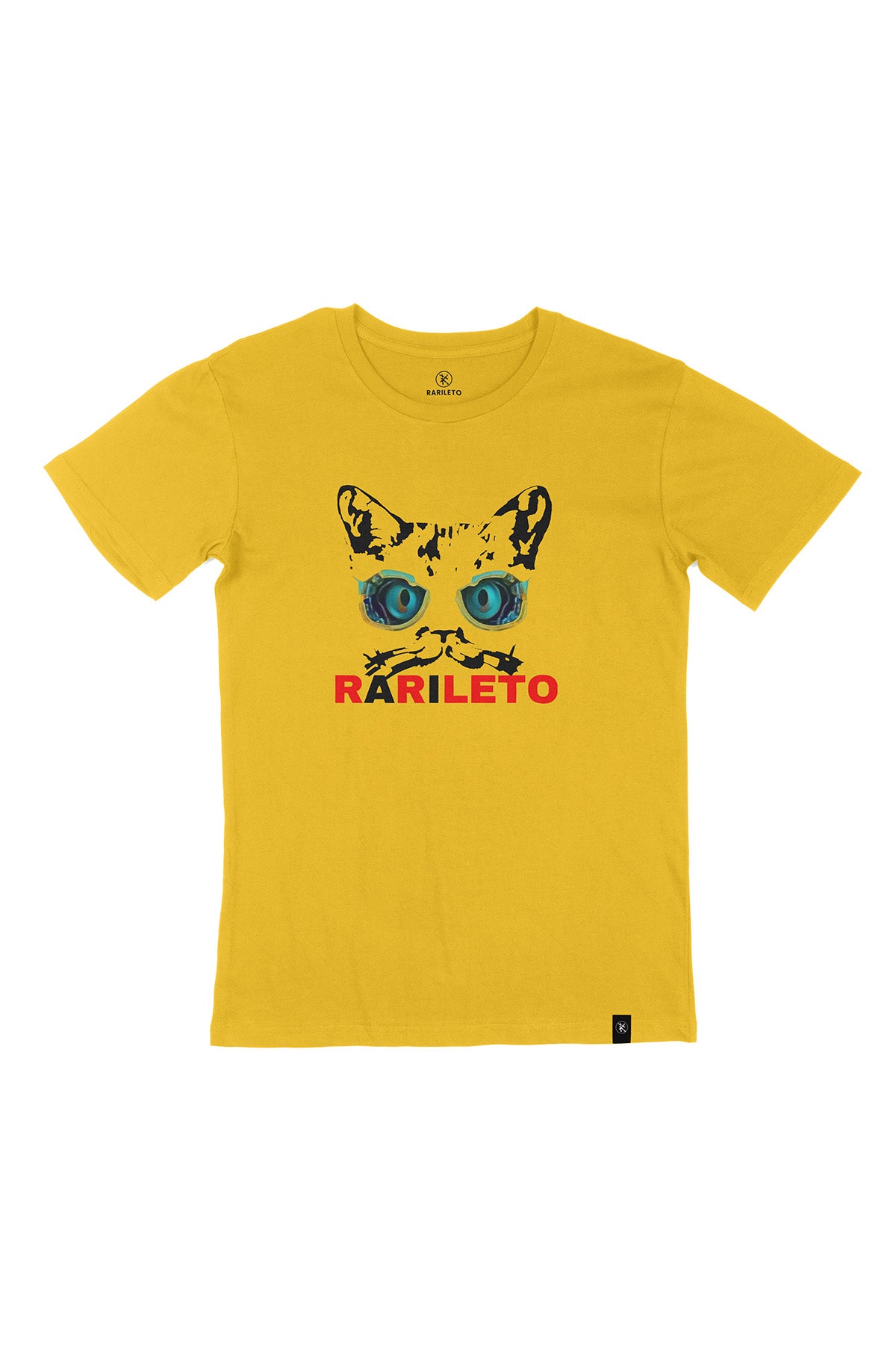 Yellow graphic tee front flat lay — RARILETO Cat Eyes Classic Tee