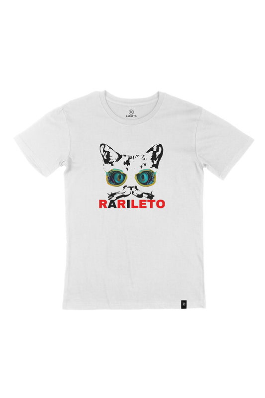 White graphic tee front flat lay — RARILETO Cat Eyes Classic Tee