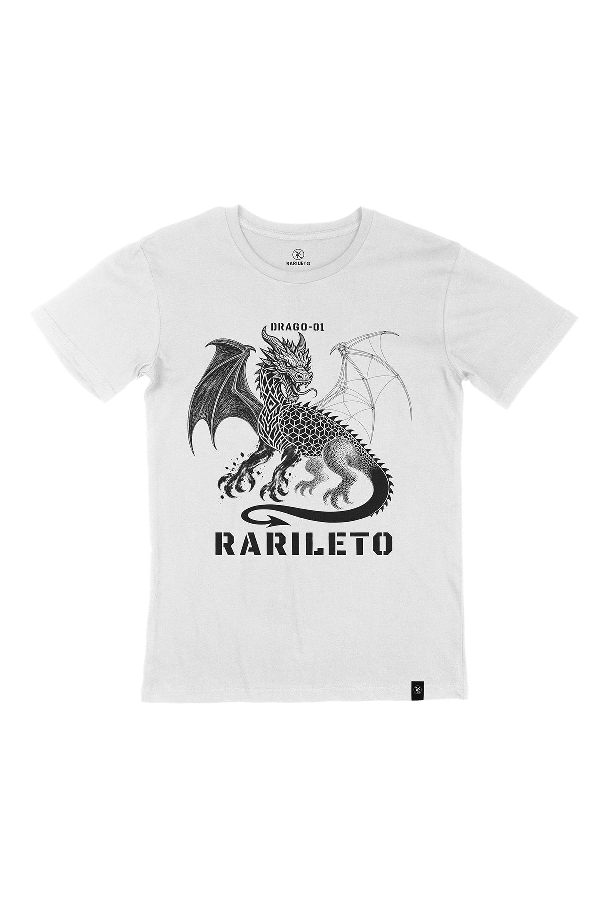 White graphic tee front flat lay — RARILETO Drago Classic Tee