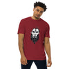 Brick Red Front View of ANCIENT TRIBAL CAVEMAN Premium Heavyweight T-Shirt on Model