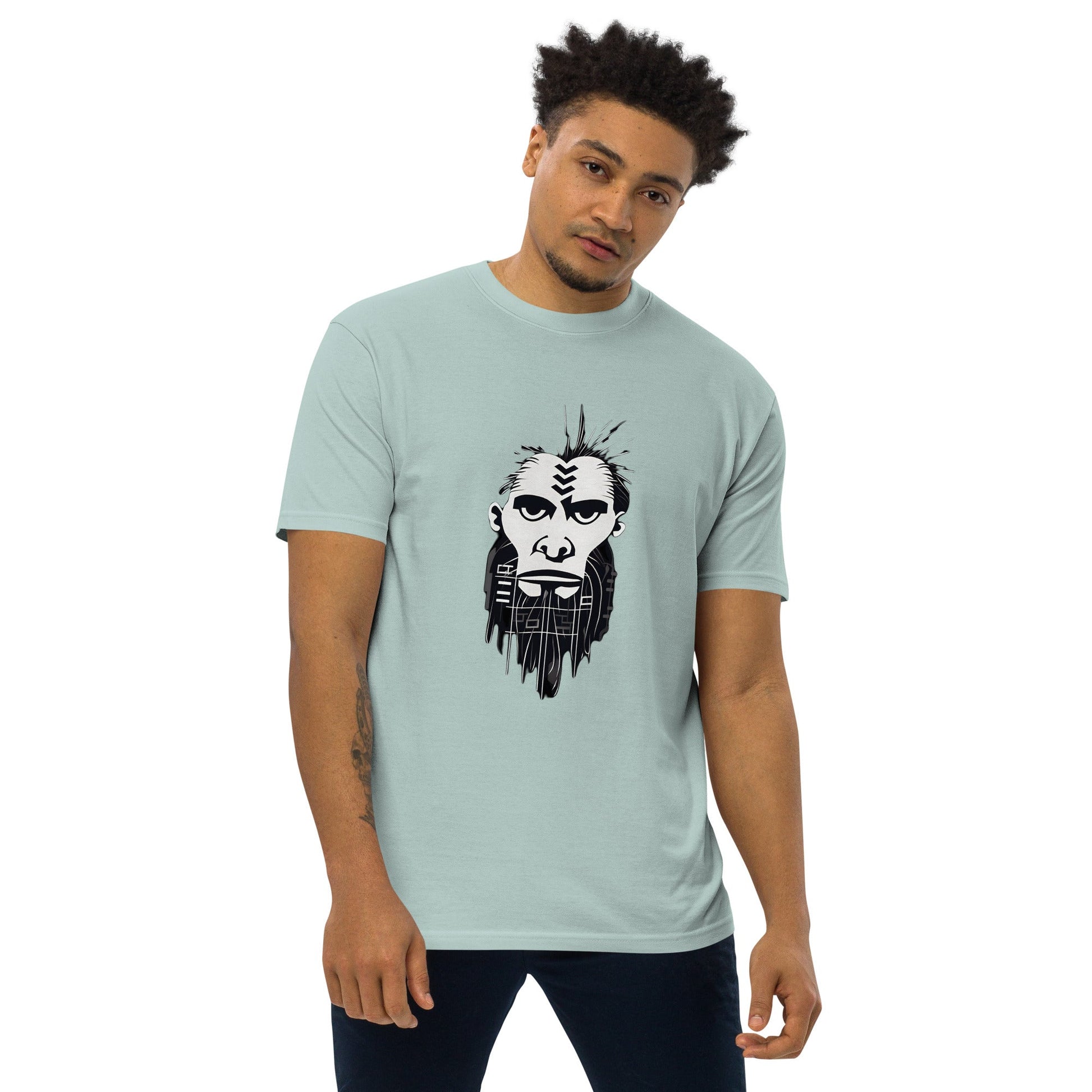 ANCIENT TRIBAL CAVEMAN Premium Heavyweight T-Shirt in Agave - Rarileto - Front View on Model
