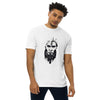 White Front View of ANCIENT TRIBAL CAVEMAN Premium Heavyweight T-Shirt on Model