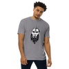 Carbon Grey Front View of ANCIENT TRIBAL CAVEMAN Premium Heavyweight T-Shirt on Model