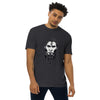 Charcoal Heather Front View of ANCIENT TRIBAL CAVEMAN Premium Heavyweight T-Shirt on Model