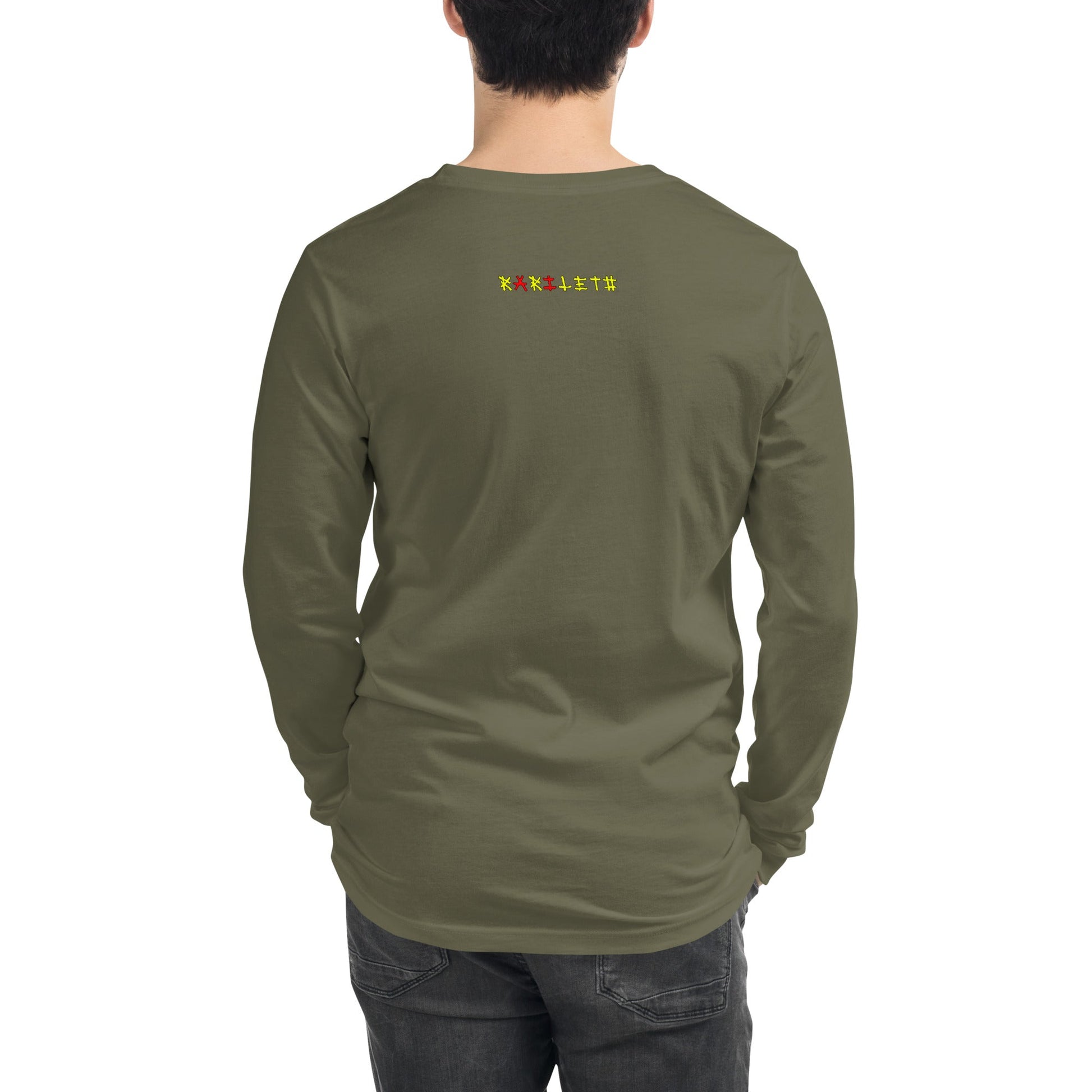 Back View on Model Military Green: ANGEL ROBOTS Long Sleeve Tee in Military Green - Back View on Model