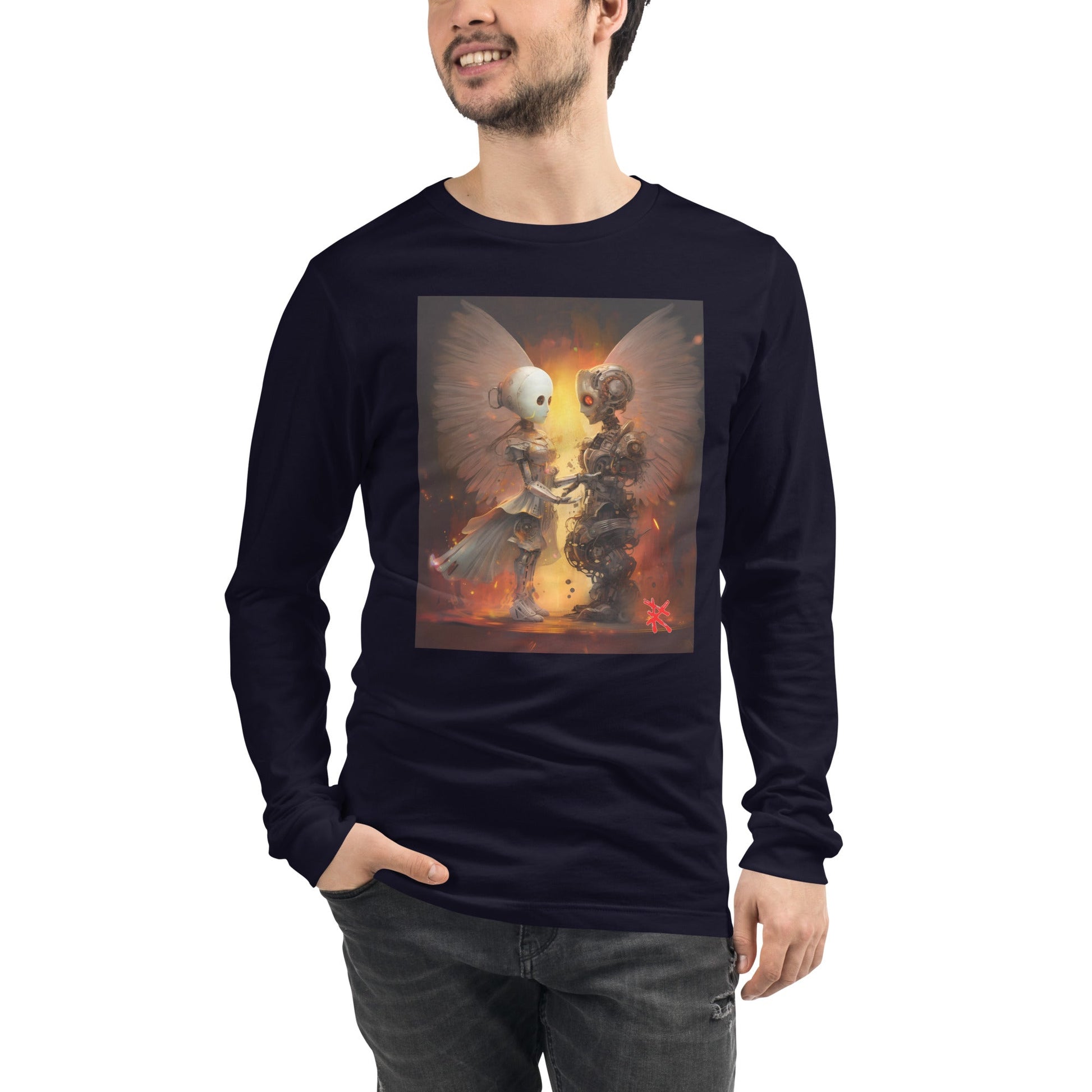 Front View on Model Navy: ANGEL ROBOTS Long Sleeve Tee in Navy - Front View on Model