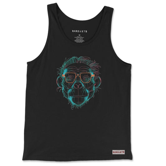 Front view of the Ape Tank Top in black, featuring a bold ape graphic with modern streetwear vibes. Rarileto.