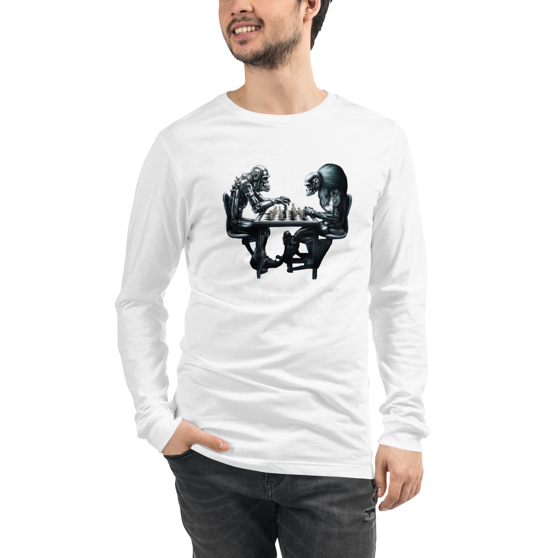 Front View on Model White: APES VS. KINGS Long Sleeve Tee in White - Front View on Model