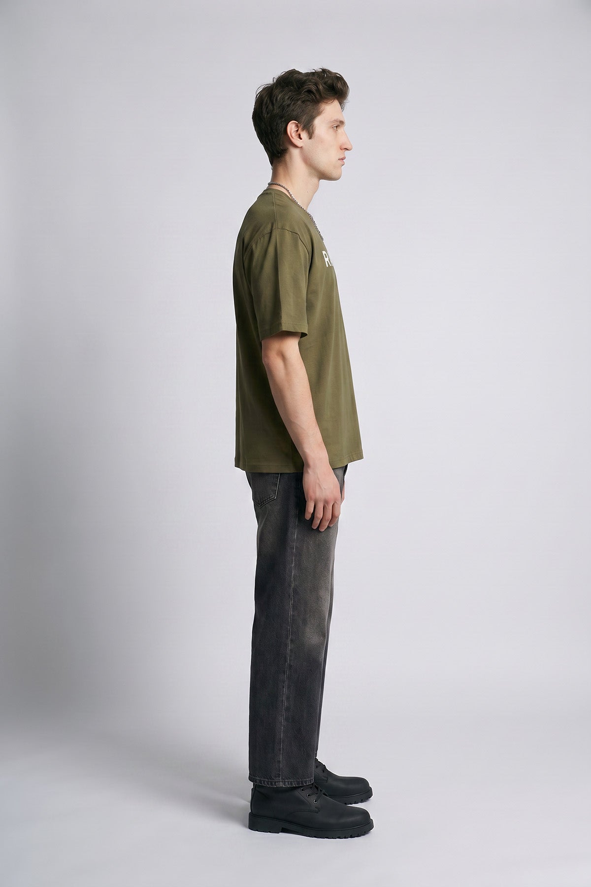 Army male model side view — RARILETO Logo Classic Tee