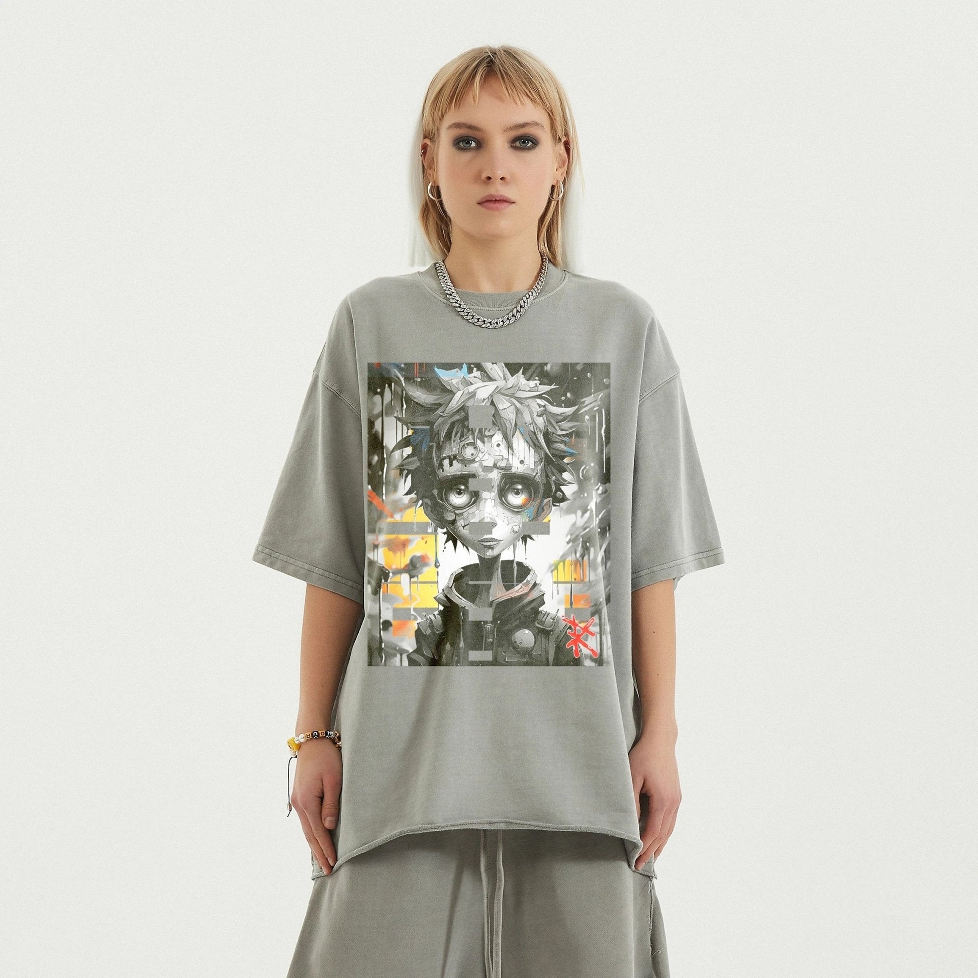 ATIEVE Unisex Faded Raw Hem T-Shirt in Light Gray - Rarileto - Front View on Model