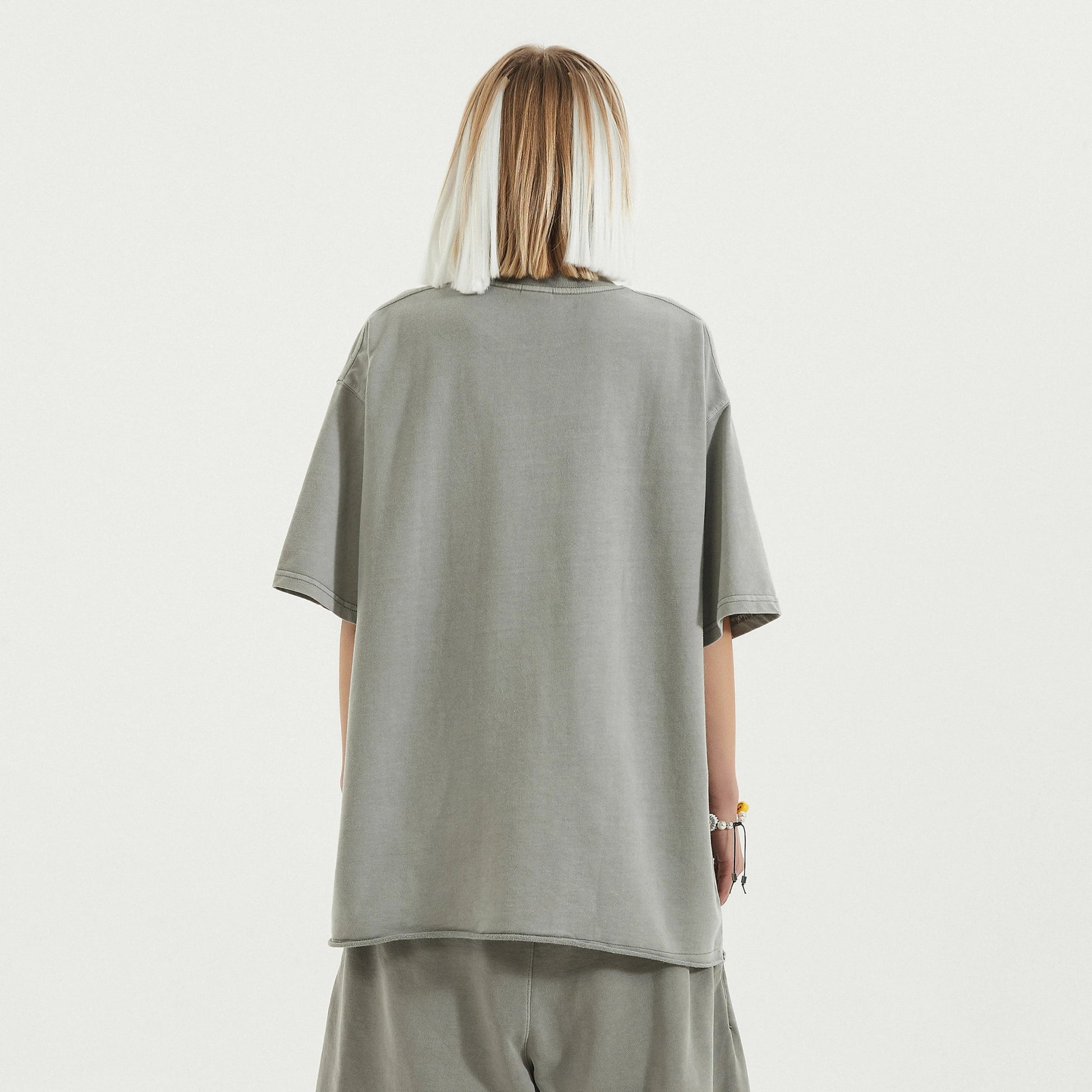 ATIEVE Unisex Faded Raw Hem T-Shirt in Light Gray - Rarileto - Back View on Model