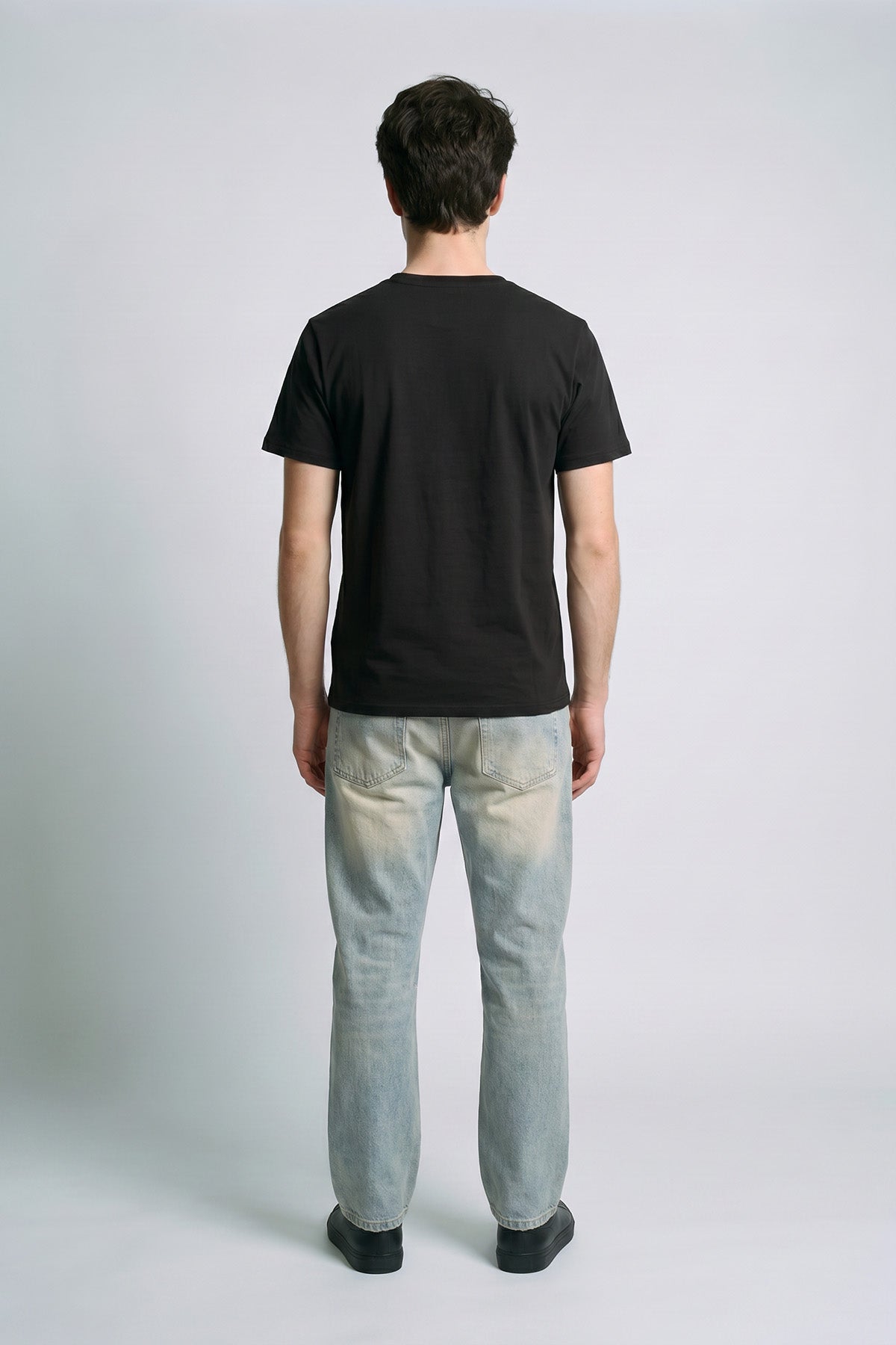 Black male model back view — RARILETO Left Logo Classic Tee