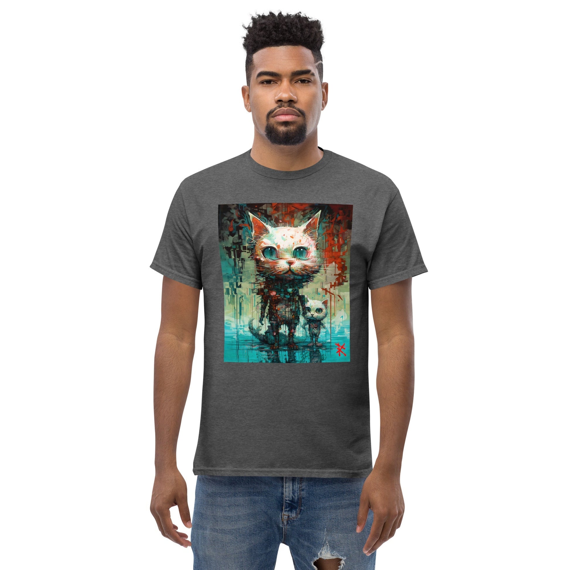 BIG & SMALL CATS Classic T-Shirt in Dark Heather - Rarileto - Front View on Model