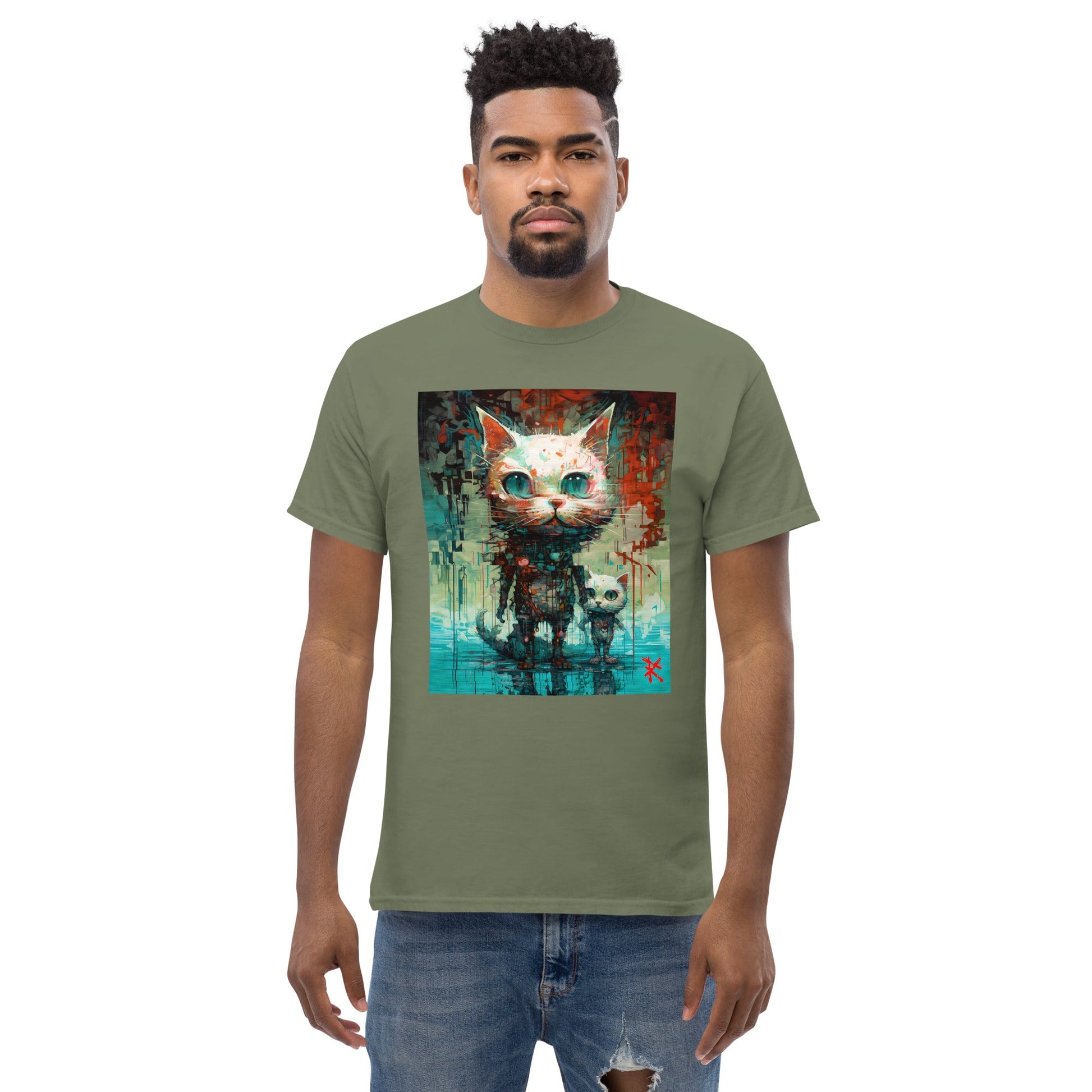 BIG & SMALL CATS Classic T-Shirt in Military Green - Rarileto - Front View on Model