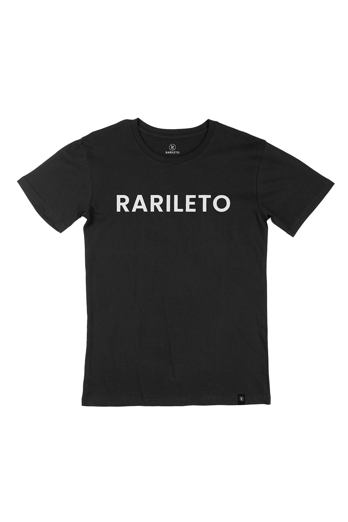 Black graphic tee front flat lay — RARILETO Logo Classic Tee