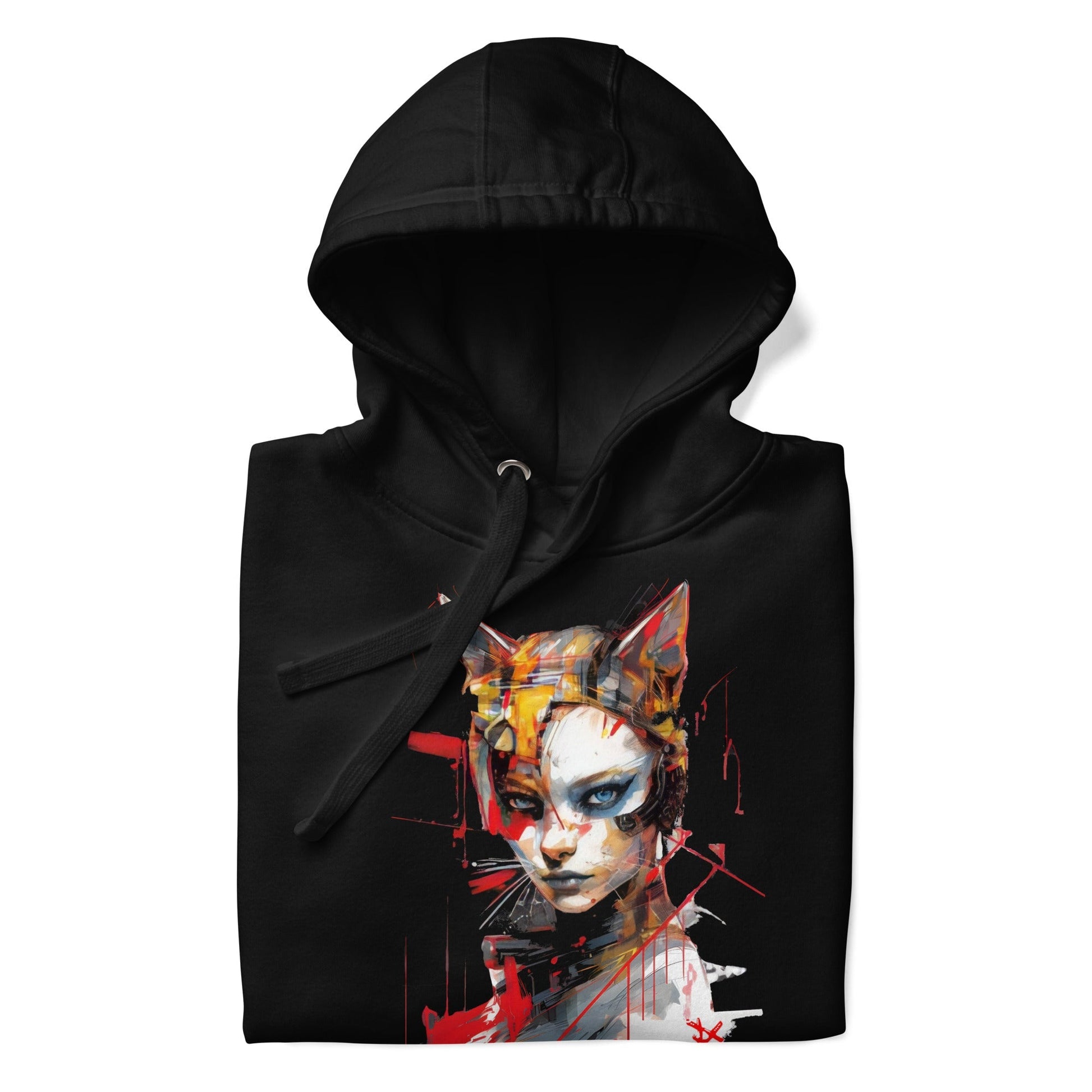 CAT GIRL Hoodie in Black - Rarileto - Folded Front View