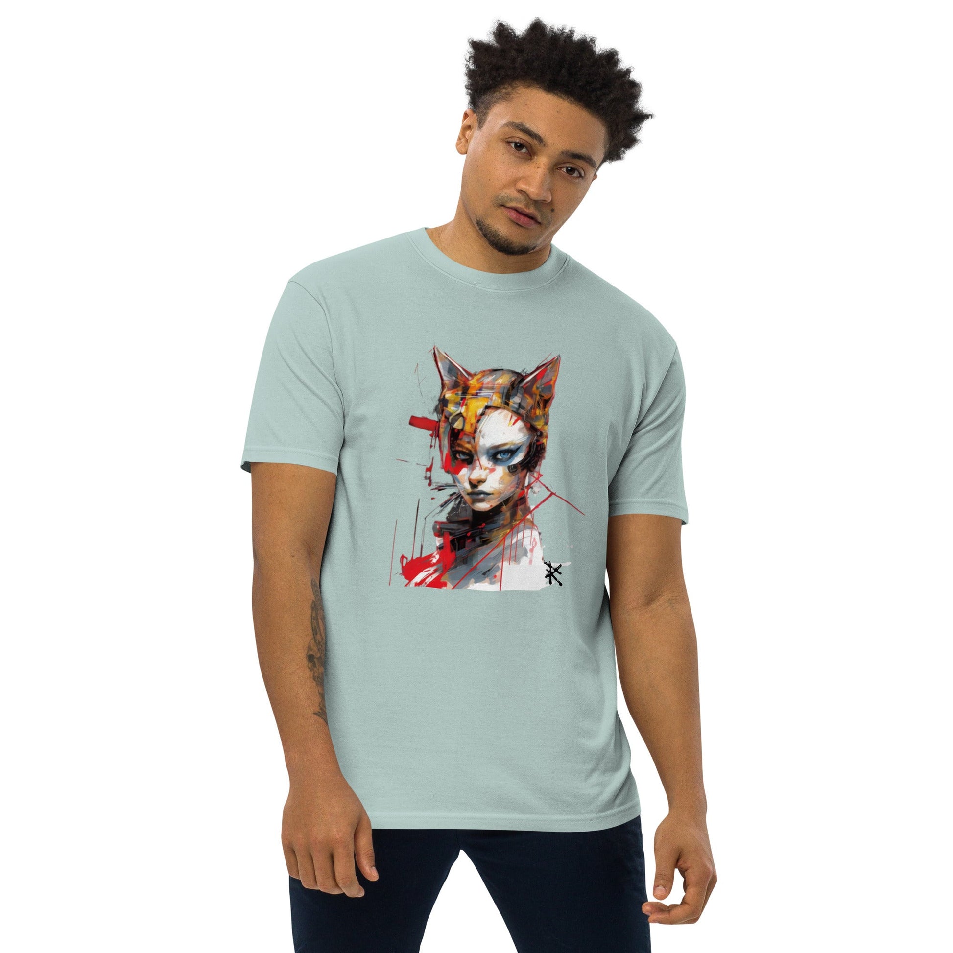 CAT GIRL Premium Heavyweight T-Shirt in Agave - Rarileto - Front View on Model
