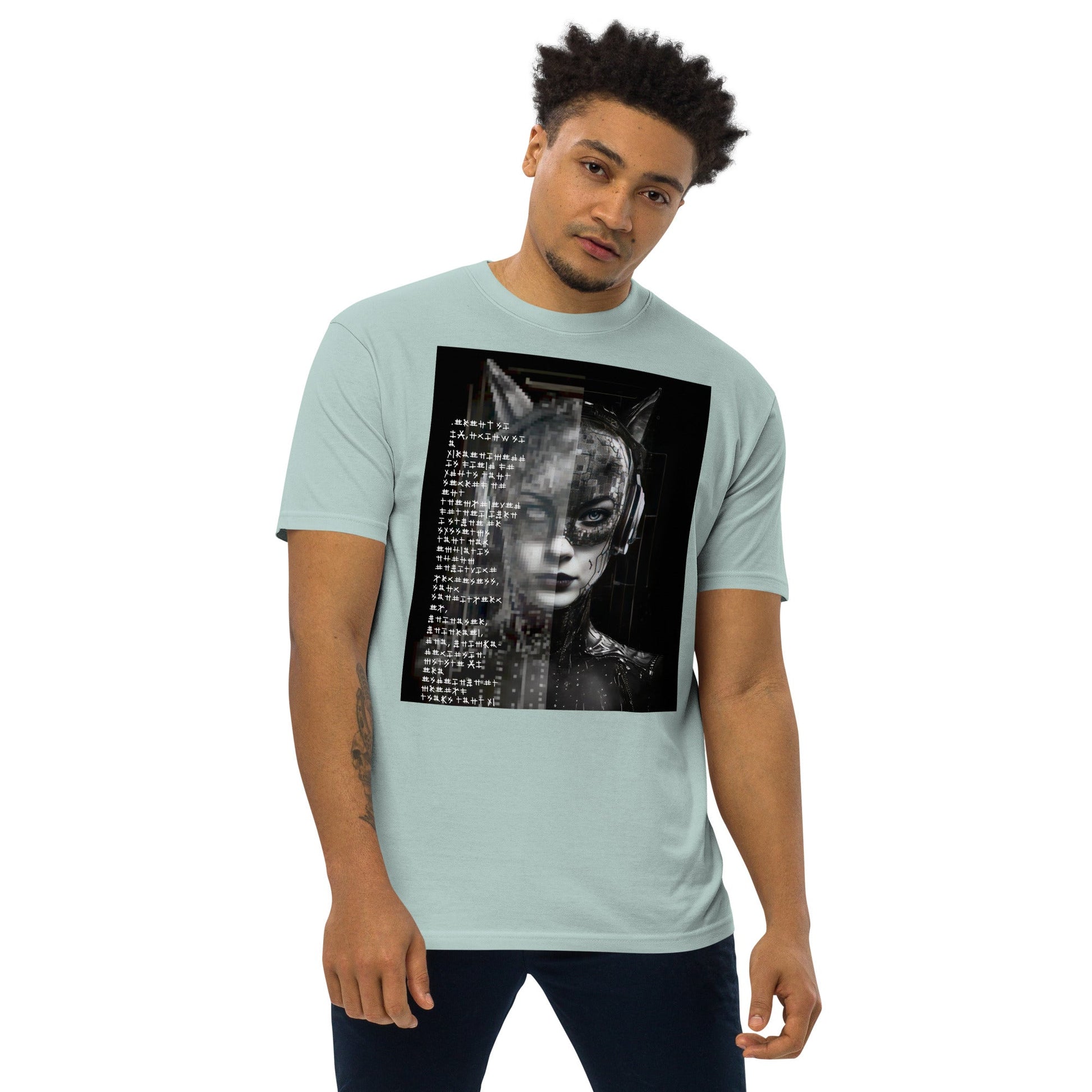 CAT WOMAN 2050 Premium Heavyweight T-Shirt in Agave - Rarileto - Front View on Model
