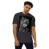 Charcoal Heather Front View of CAT WOMAN 2050 Premium Heavyweight T-Shirt on Model