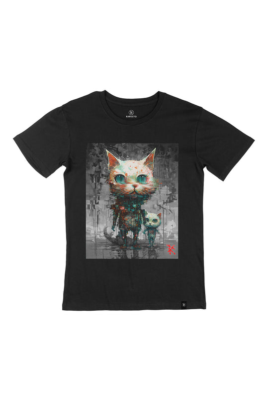 Black graphic tee front flat lay — RARILETO Cats Classic Tee