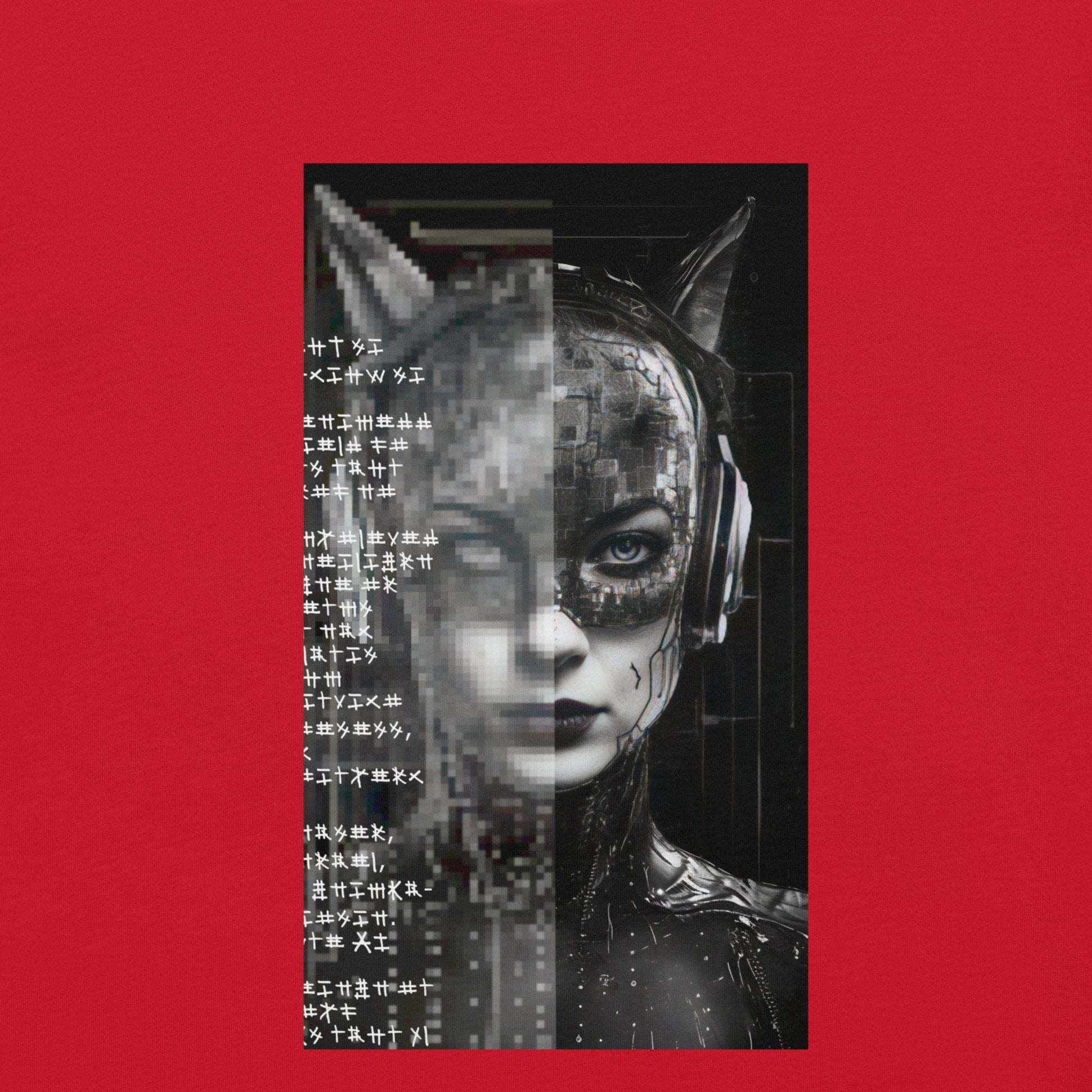 Front design view of the Catwoman Classic T-Shirt in red, emphasizing the striking graphic. Rarileto.