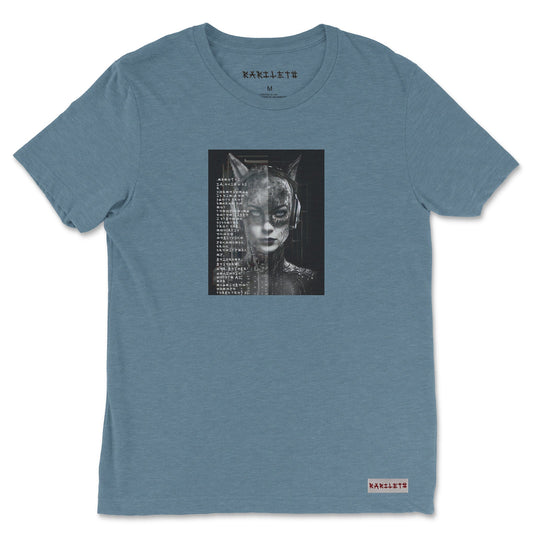 Front view of the Catwoman Triblend T-Shirt in denim triblend, featuring a bold Catwoman graphic design. Rarileto.