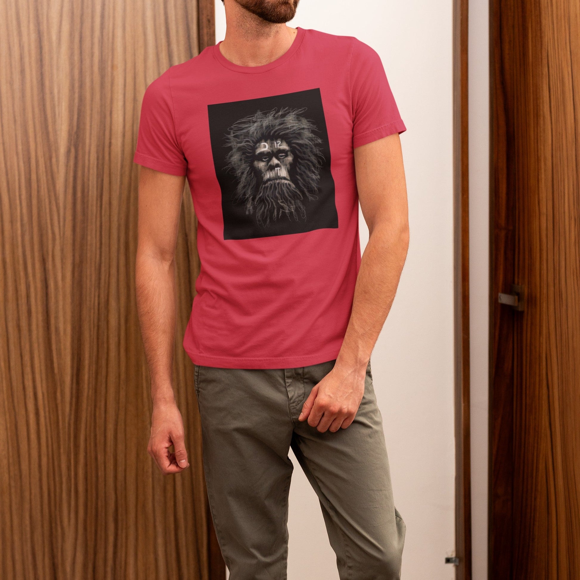 Front view on model wearing the Caveman Classic T-Shirt in red, ideal for stylish streetwear looks. Rarileto.