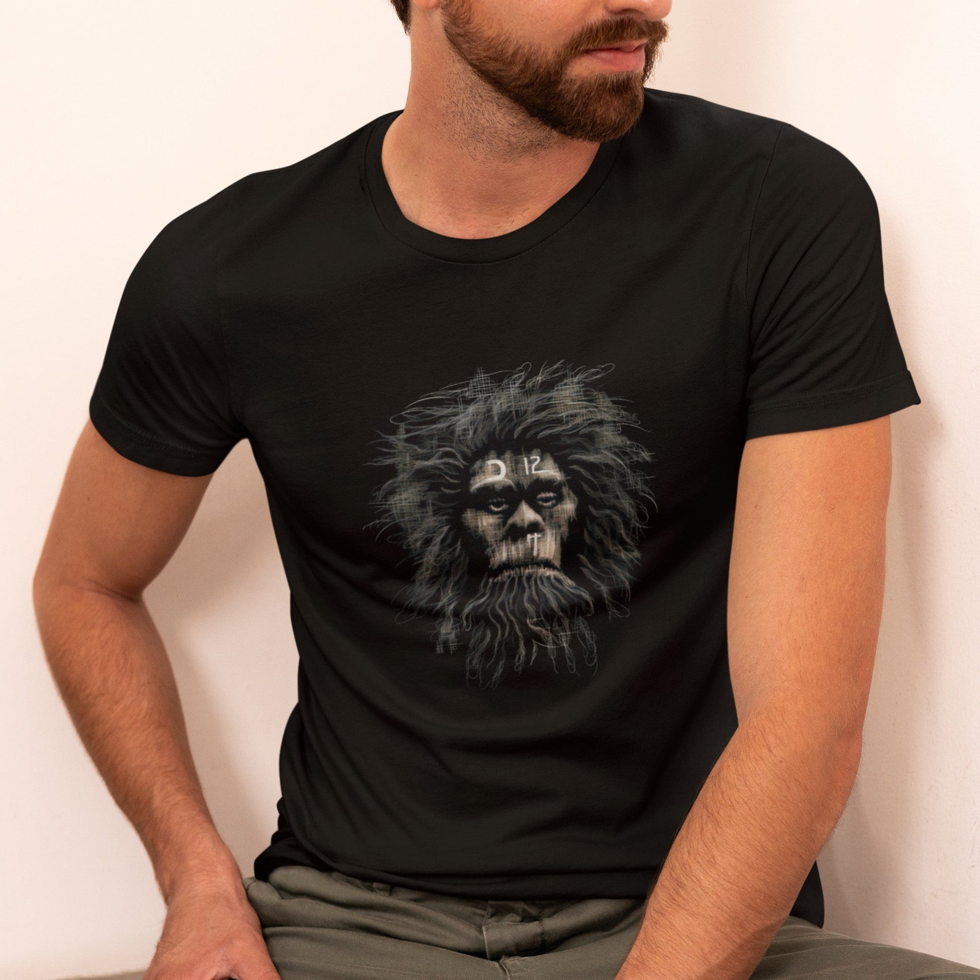 Front view on model wearing the Caveman Classic T-Shirt in black, perfect for trendy, casual looks. Rarileto.