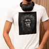 Front view on model wearing the Caveman Classic T-Shirt in white, perfect for modern, casual looks. Rarileto.