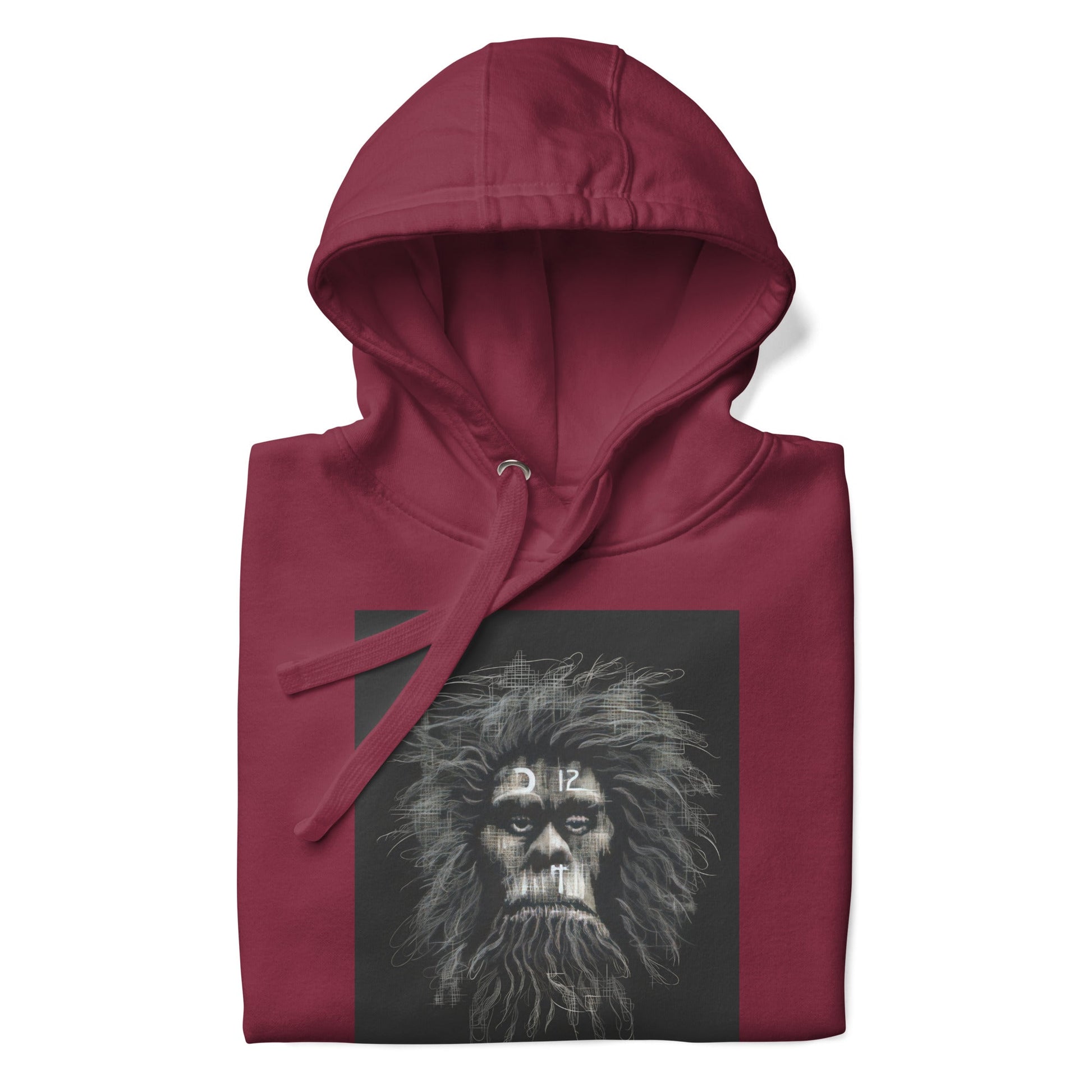 CAVEMAN PORTRAIT Hoodie in Maroon - Rarileto - Folded Front View