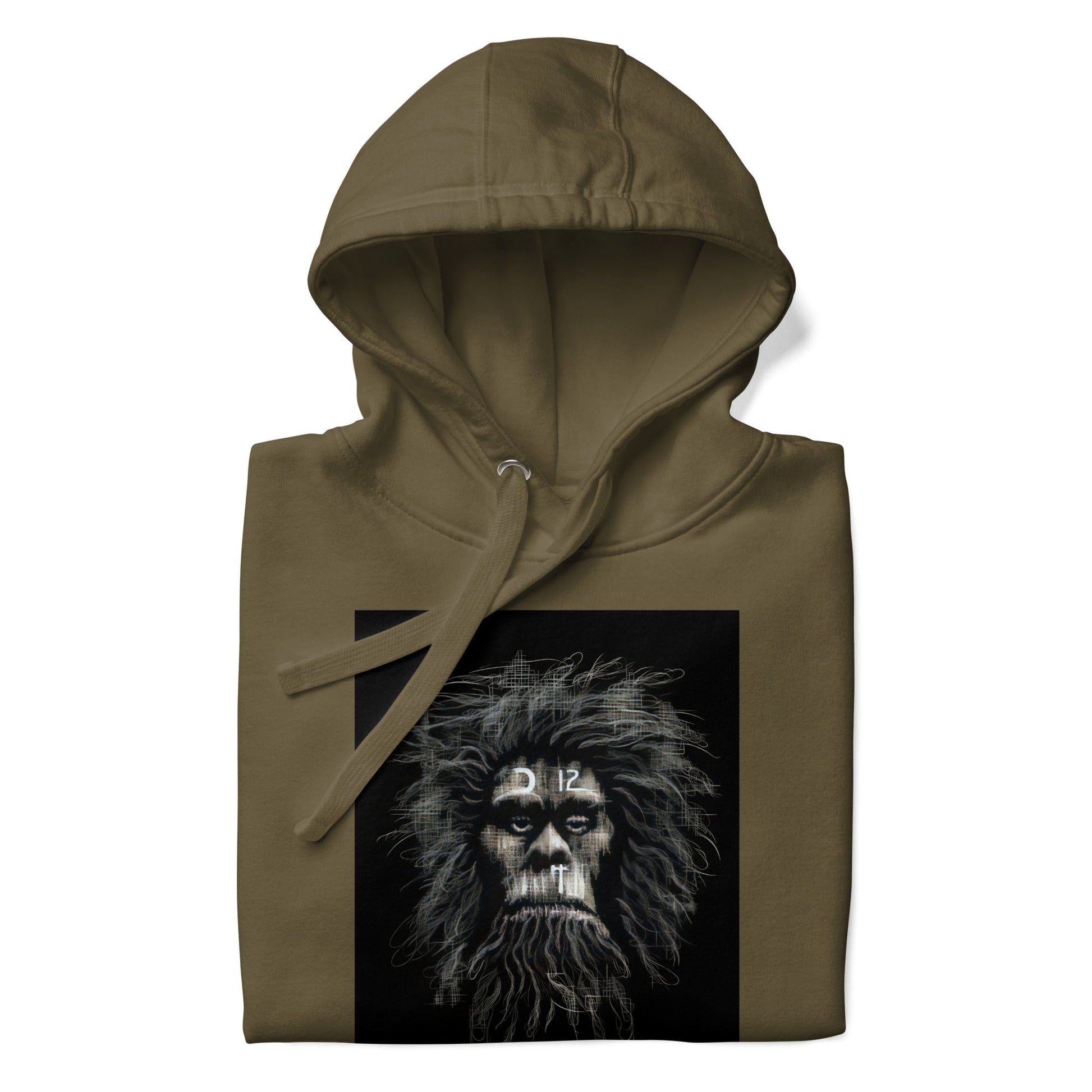 CAVEMAN PORTRAIT Hoodie in Military Green - Rarileto - Folded Front View