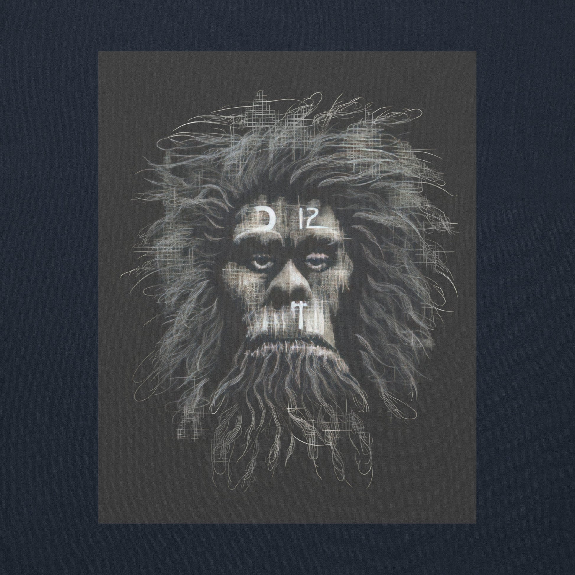 CAVEMAN PORTRAIT Hoodie in Navy Blazer - Rarileto - Design Front View