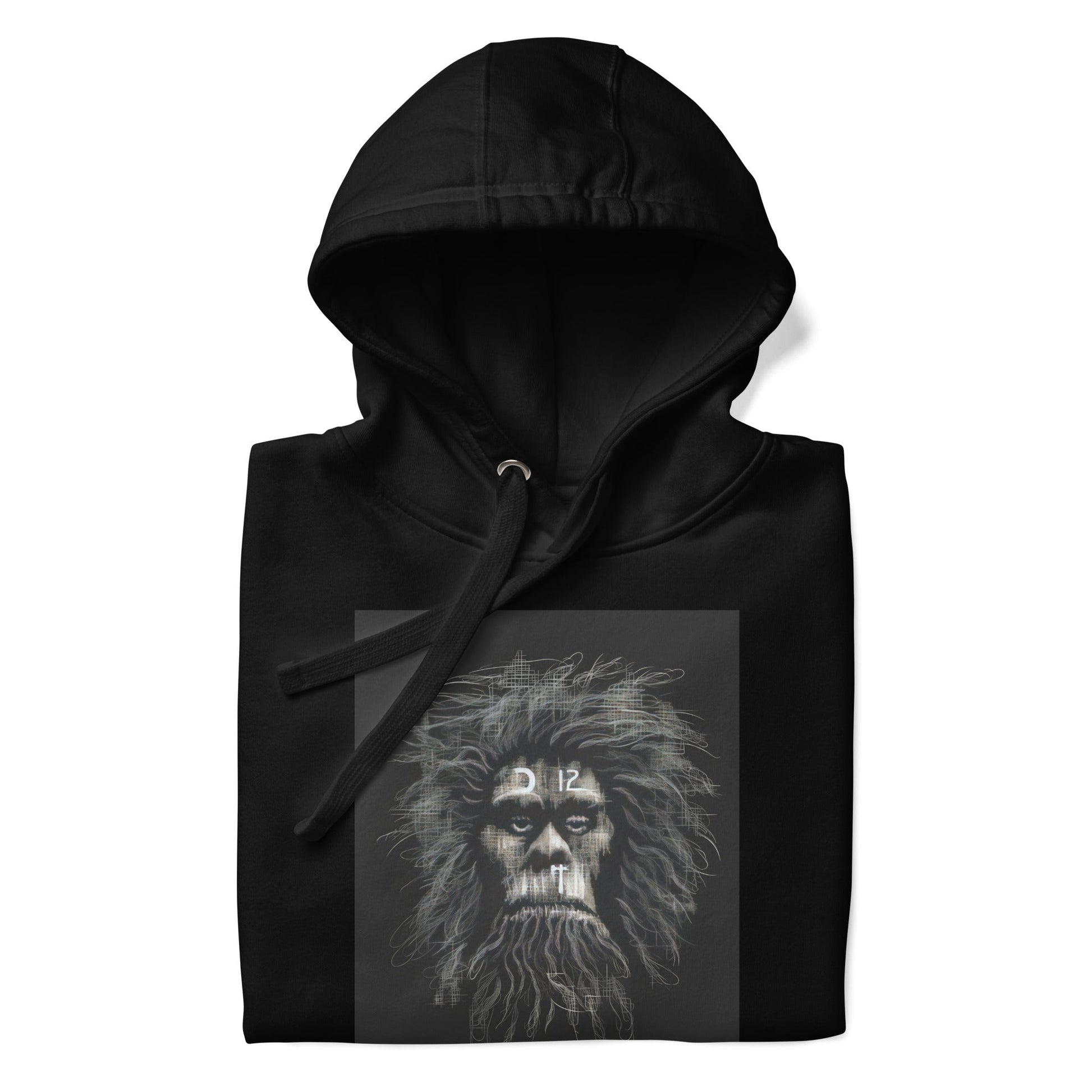 CAVEMAN PORTRAIT Hoodie in Black - Rarileto - Folded Front View