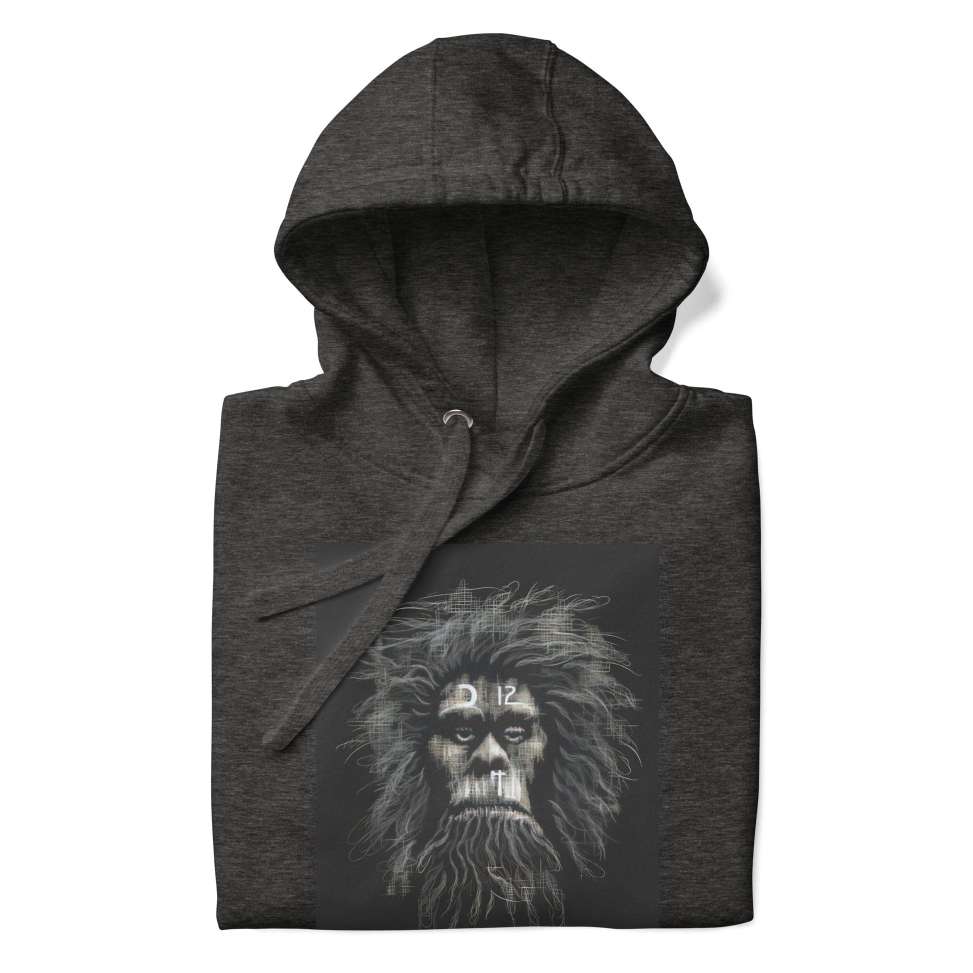 CAVEMAN PORTRAIT Hoodie in Charcoal Heather - Rarileto - Folded Front View