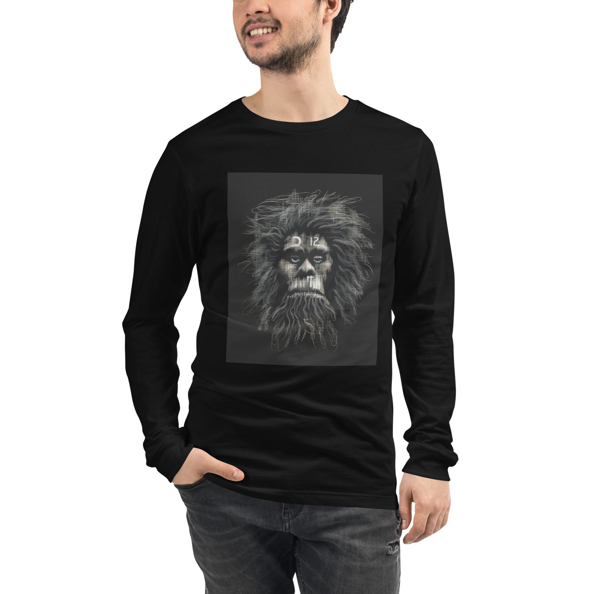 Front View on Model Black: CAVEMAN PORTRAIT Long Sleeve Tee in Black - Front View on Model

