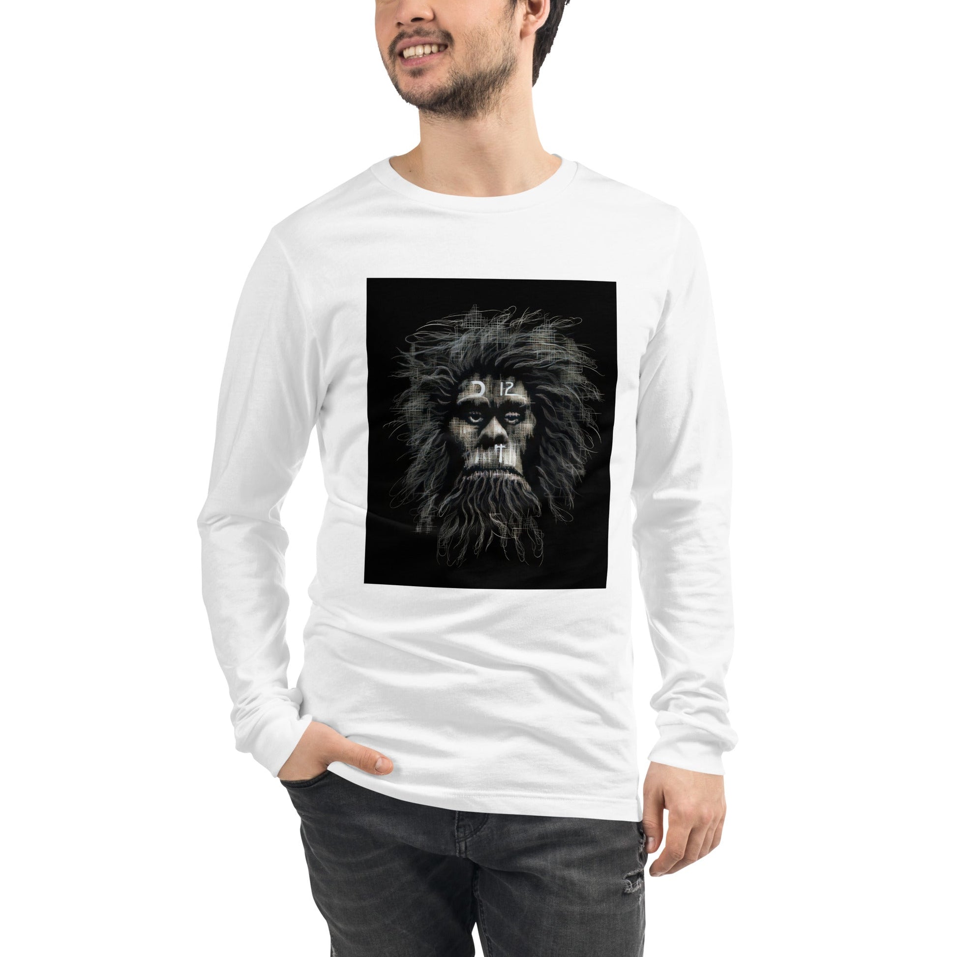 Front View on Model White: CAVEMAN PORTRAIT Long Sleeve Tee in White - Front View on Model

