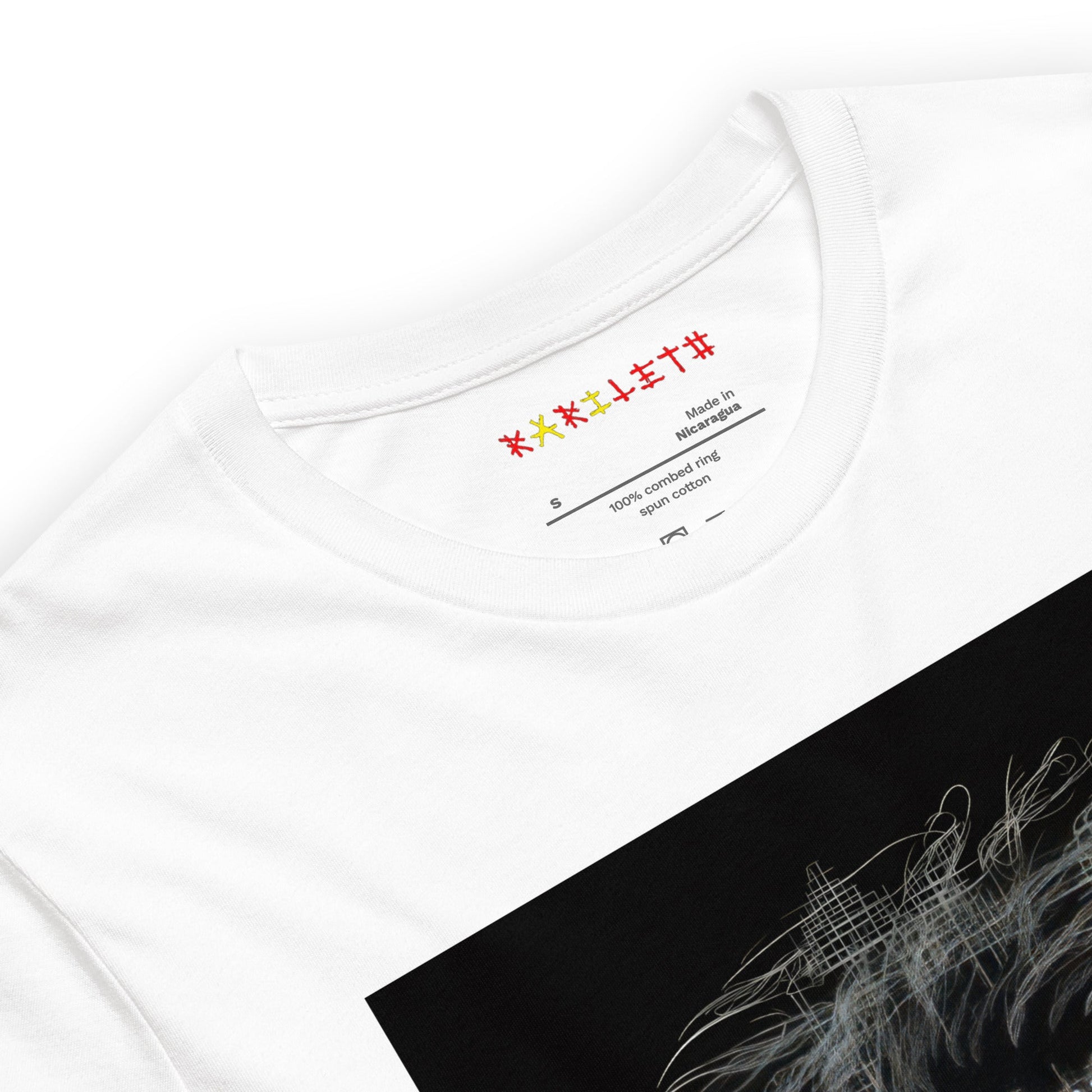 Neck White: CAVEMAN PORTRAIT Premium Crewneck T-Shirt in White (Neck View)

