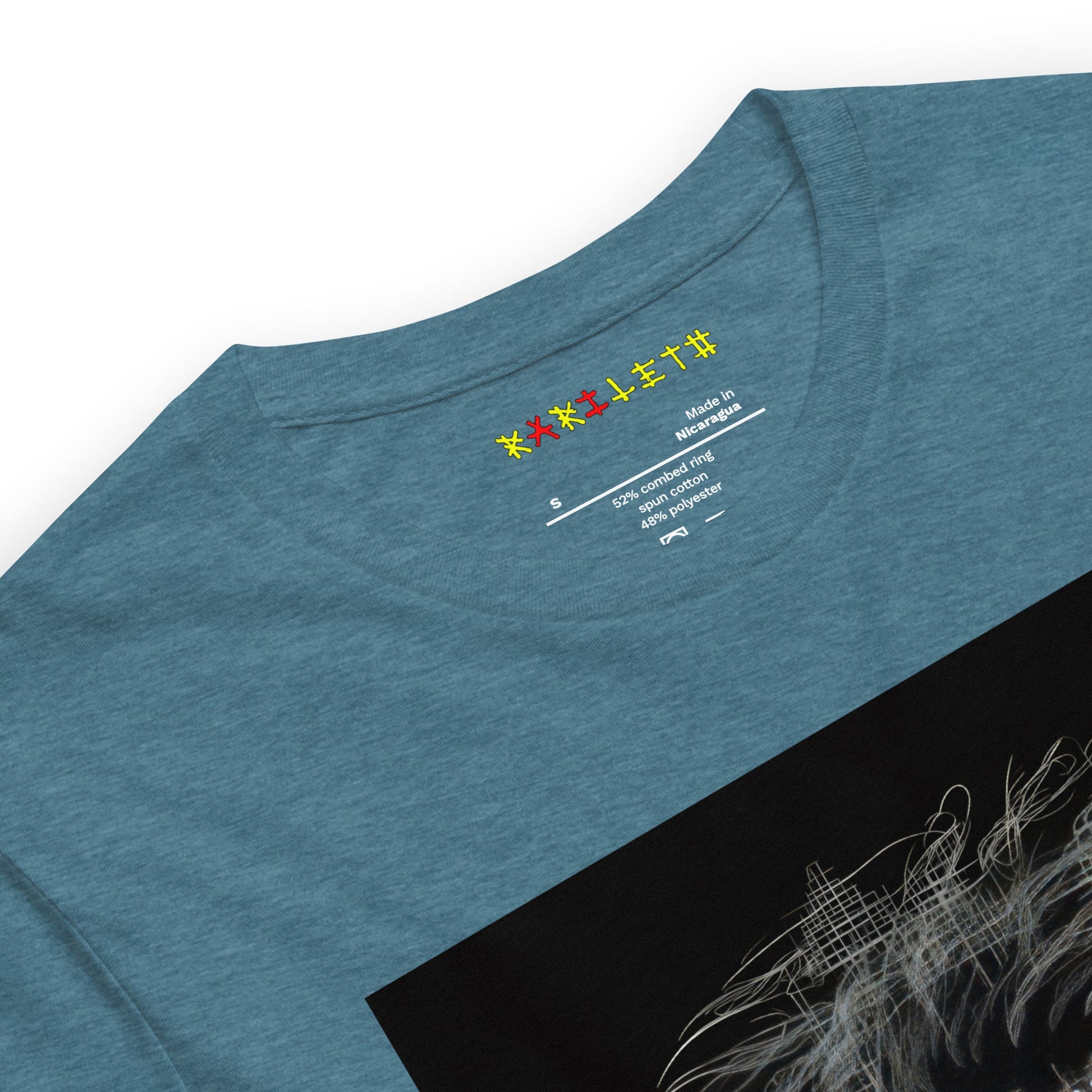 CAVEMAN PORTRAIT Premium Crewneck T-Shirt in Teal - Rarileto - Neck Front View
