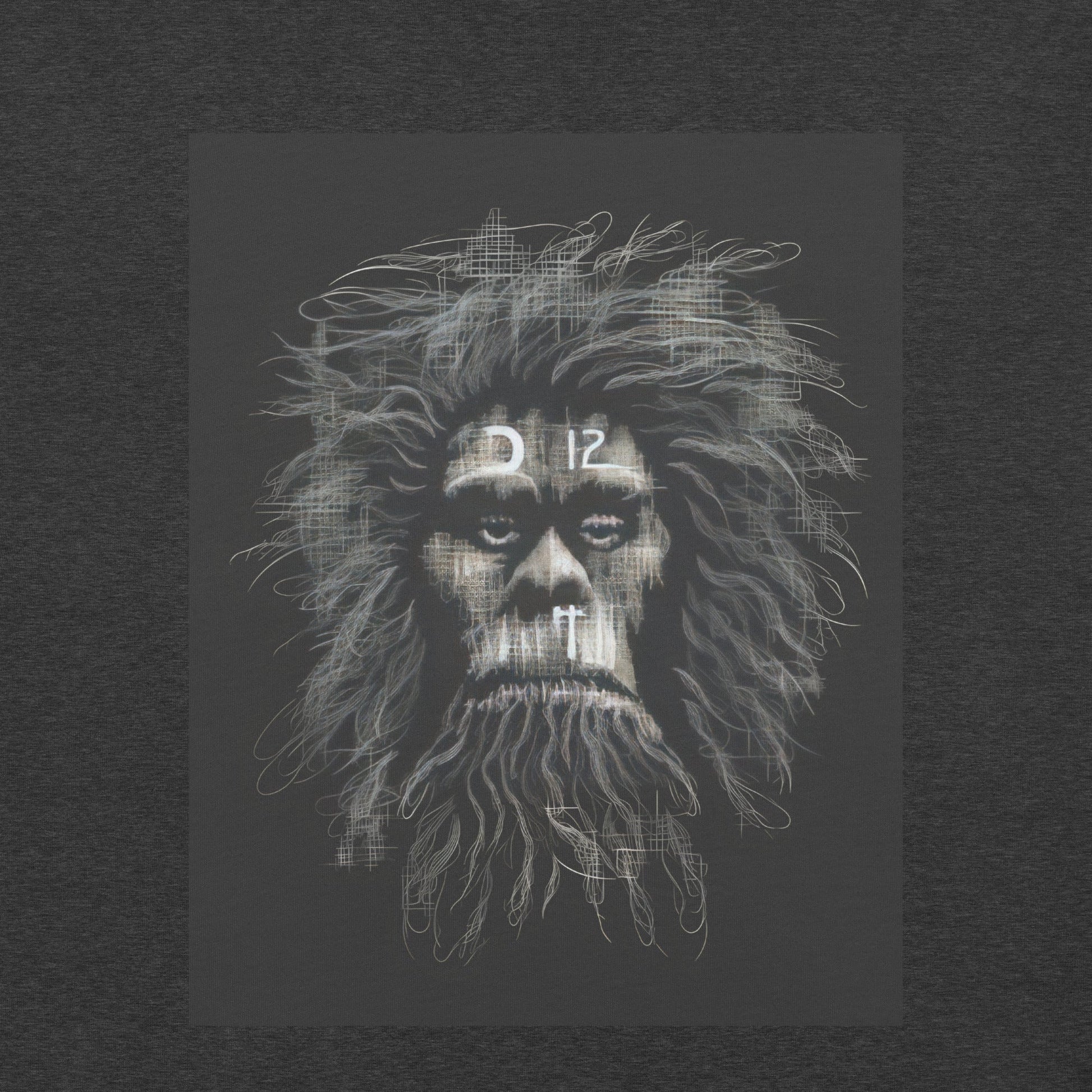 Design Front Dark Gray Heather: CAVEMAN PORTRAIT Premium Crewneck T-Shirt in Dark Gray Heather (Design View)

