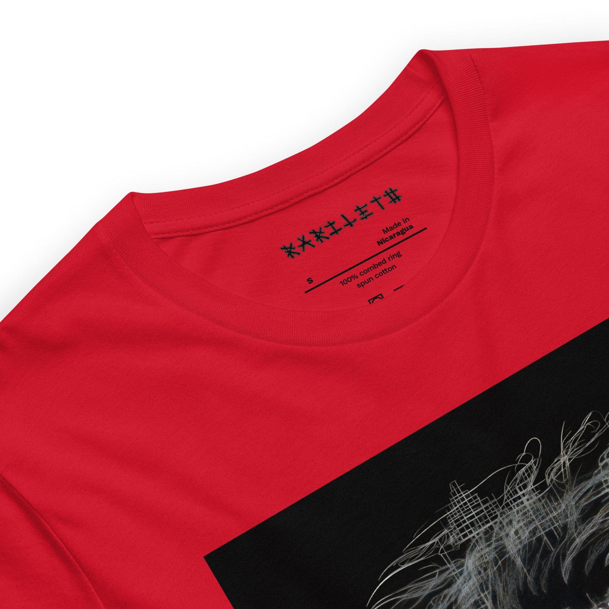 Neck Red: CAVEMAN PORTRAIT Premium Crewneck T-Shirt in Red (Neck View)

