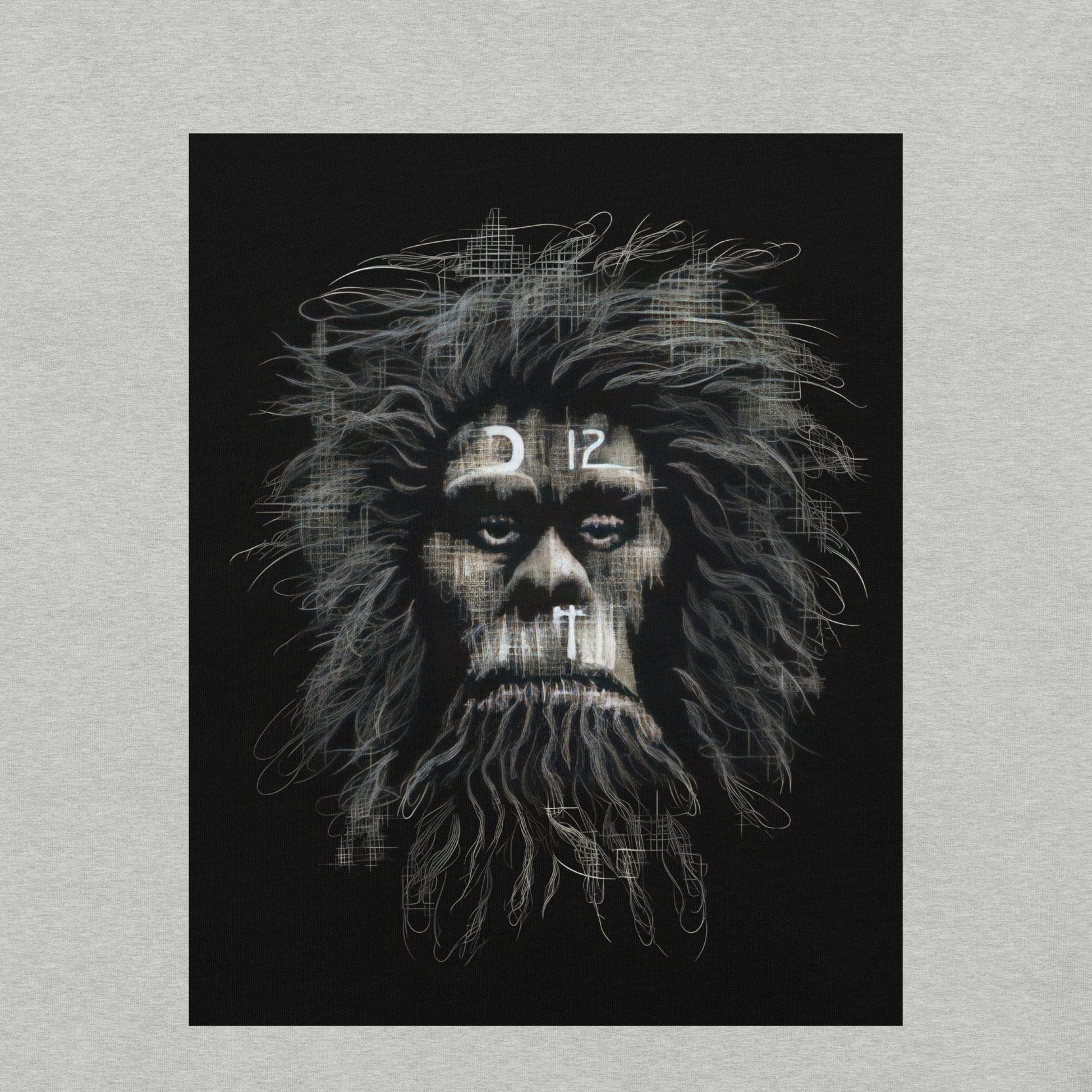 CAVEMAN PORTRAIT Premium Crewneck T-Shirt in Athletic Heather - Rarileto - Design View
