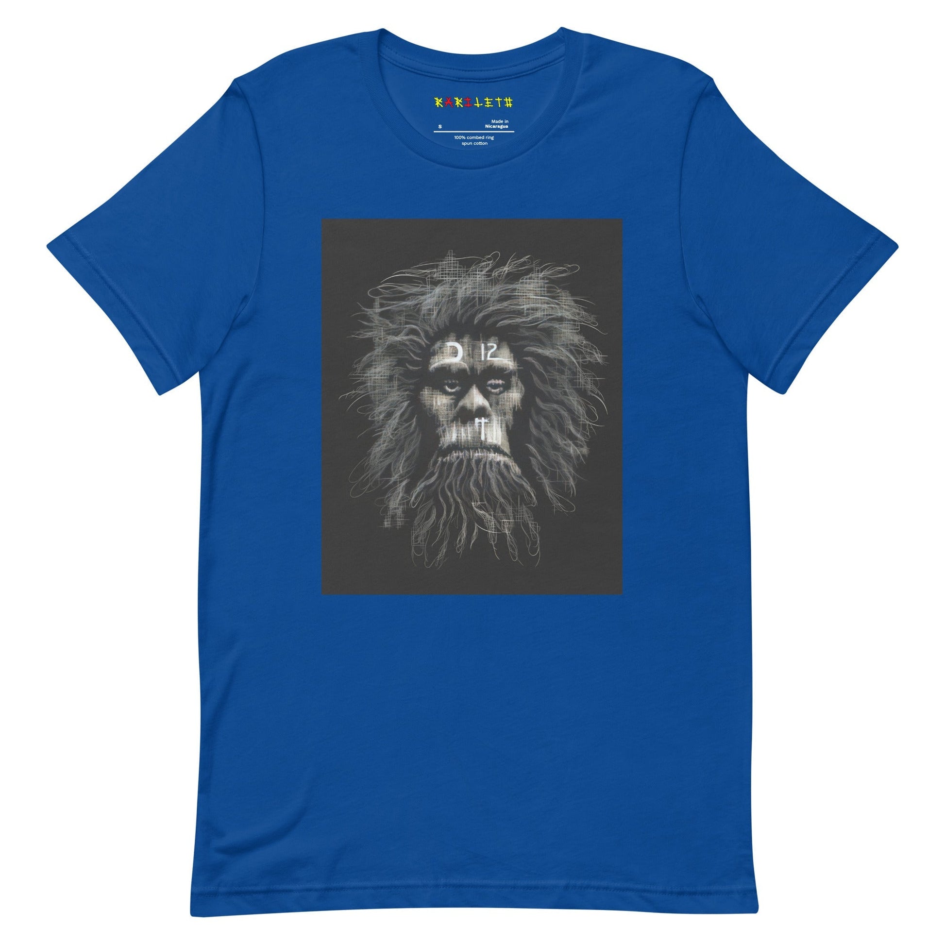 CAVEMAN PORTRAIT Premium Crewneck T-Shirt in Royal - Rarileto - Front View
