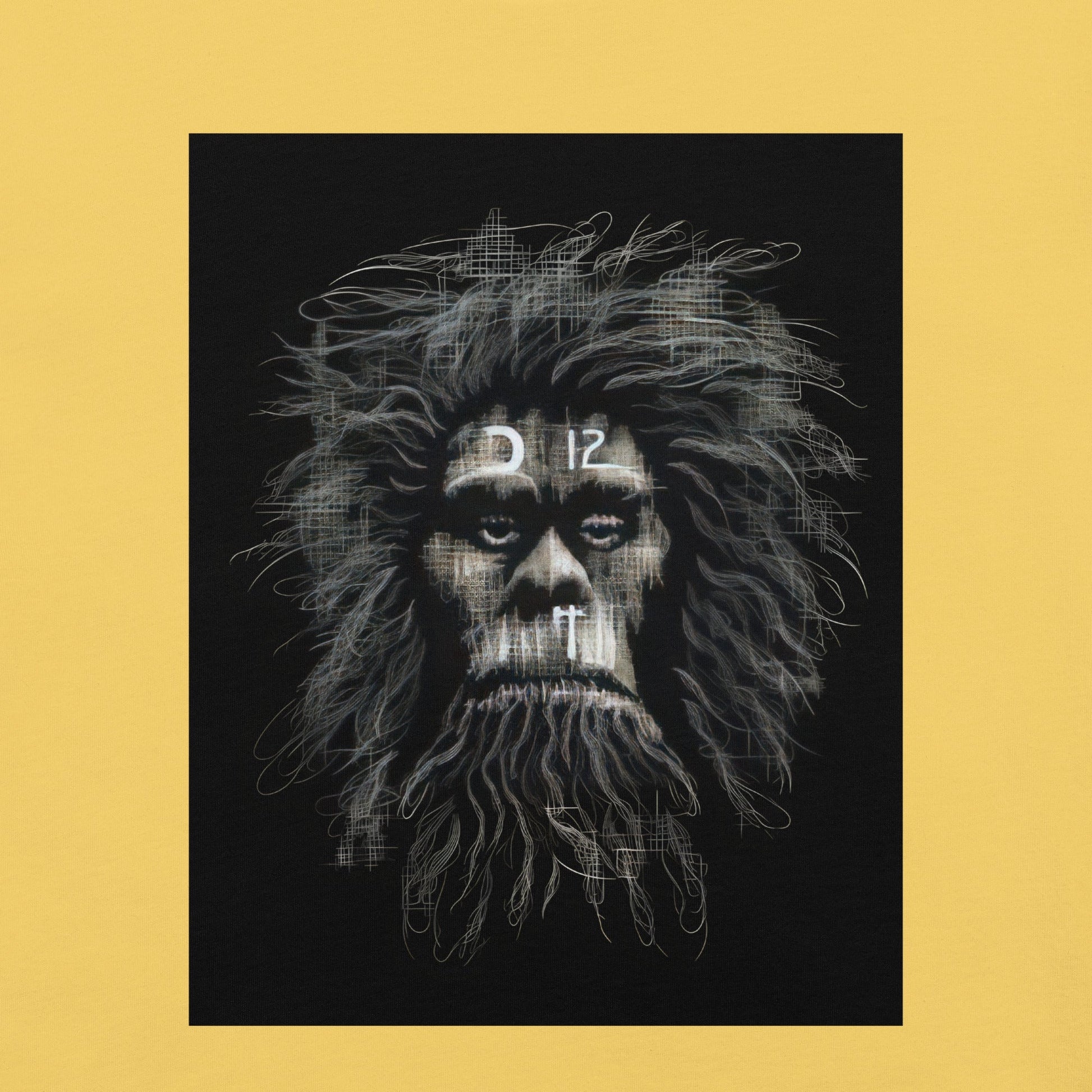 CAVEMAN PORTRAIT Premium Crewneck T-Shirt in Maize Yellow - Rarileto - Design View
