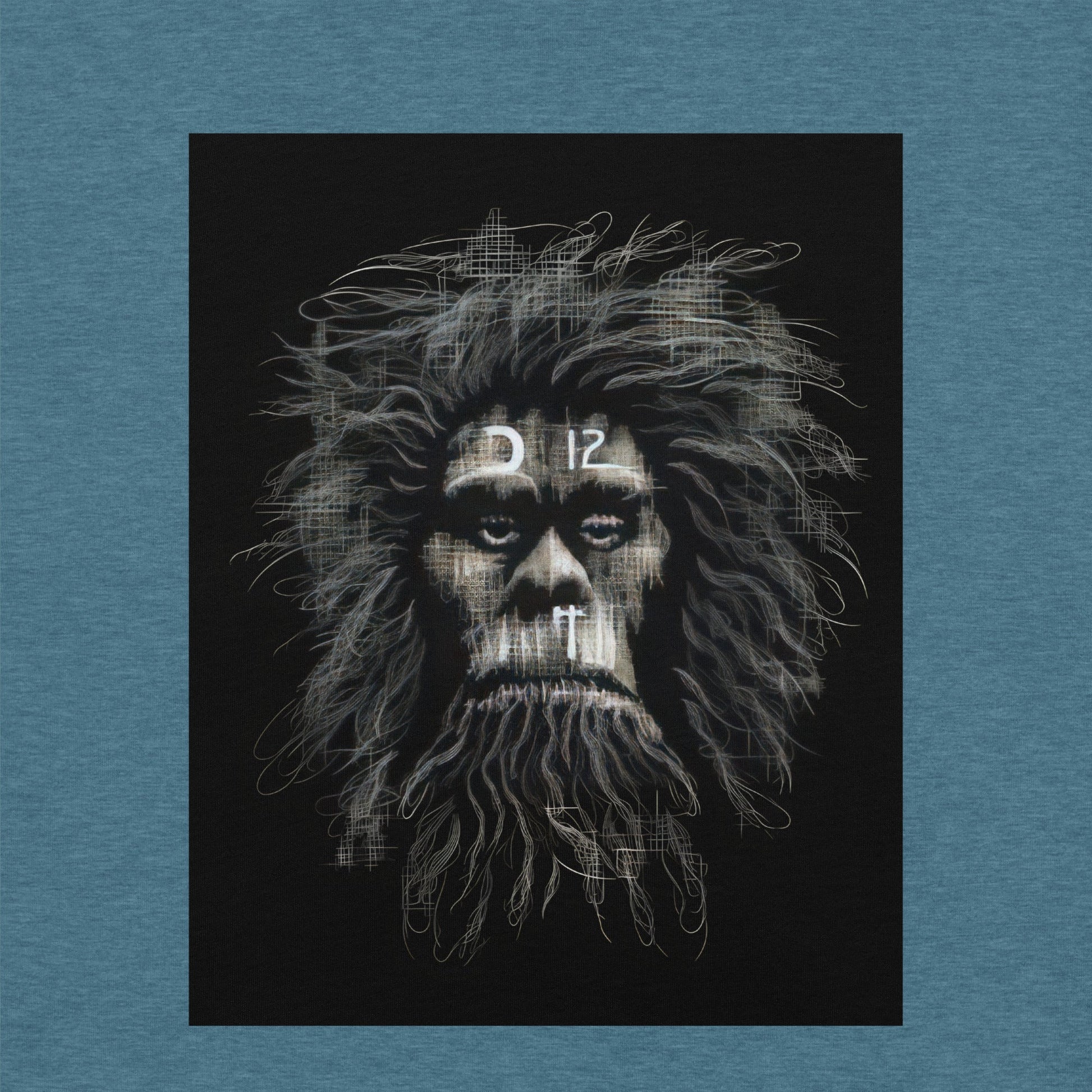 CAVEMAN PORTRAIT Premium Crewneck T-Shirt in Teal - Rarileto - Design View
