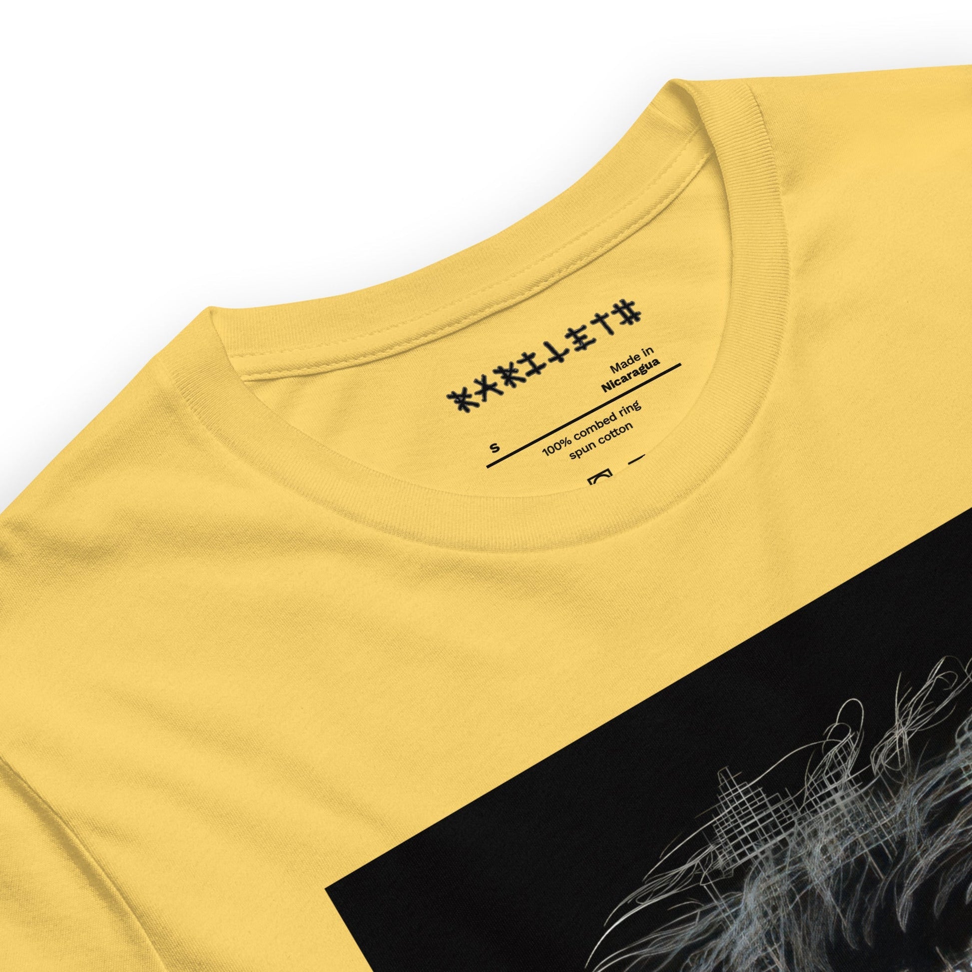 CAVEMAN PORTRAIT Premium Crewneck T-Shirt in Maize Yellow - Rarileto - Neck Front View
