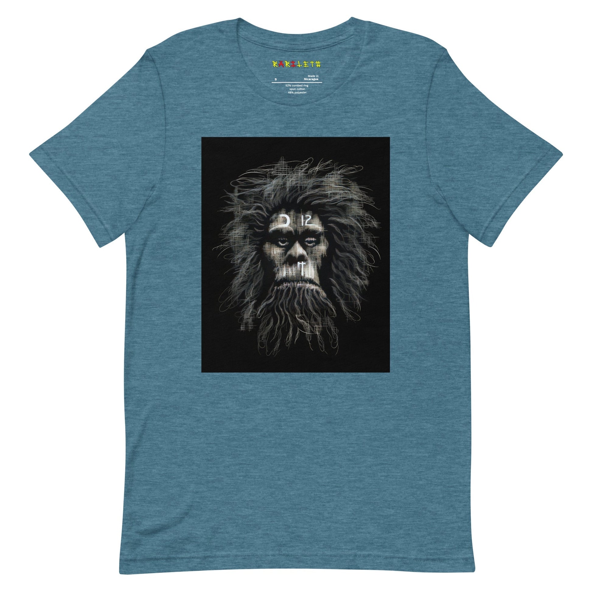 CAVEMAN PORTRAIT Premium Crewneck T-Shirt in Teal - Rarileto - Front View
