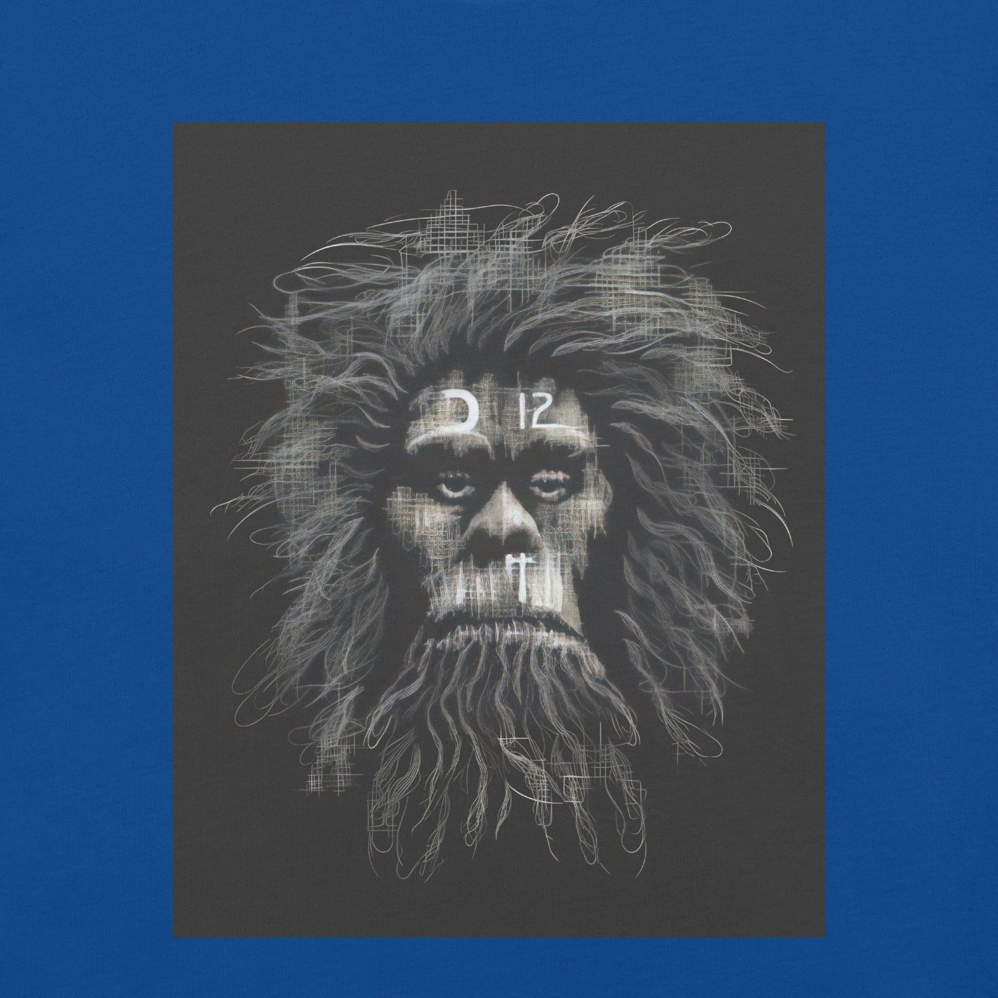 CAVEMAN PORTRAIT Premium Crewneck T-Shirt in Royal - Rarileto - Design View
