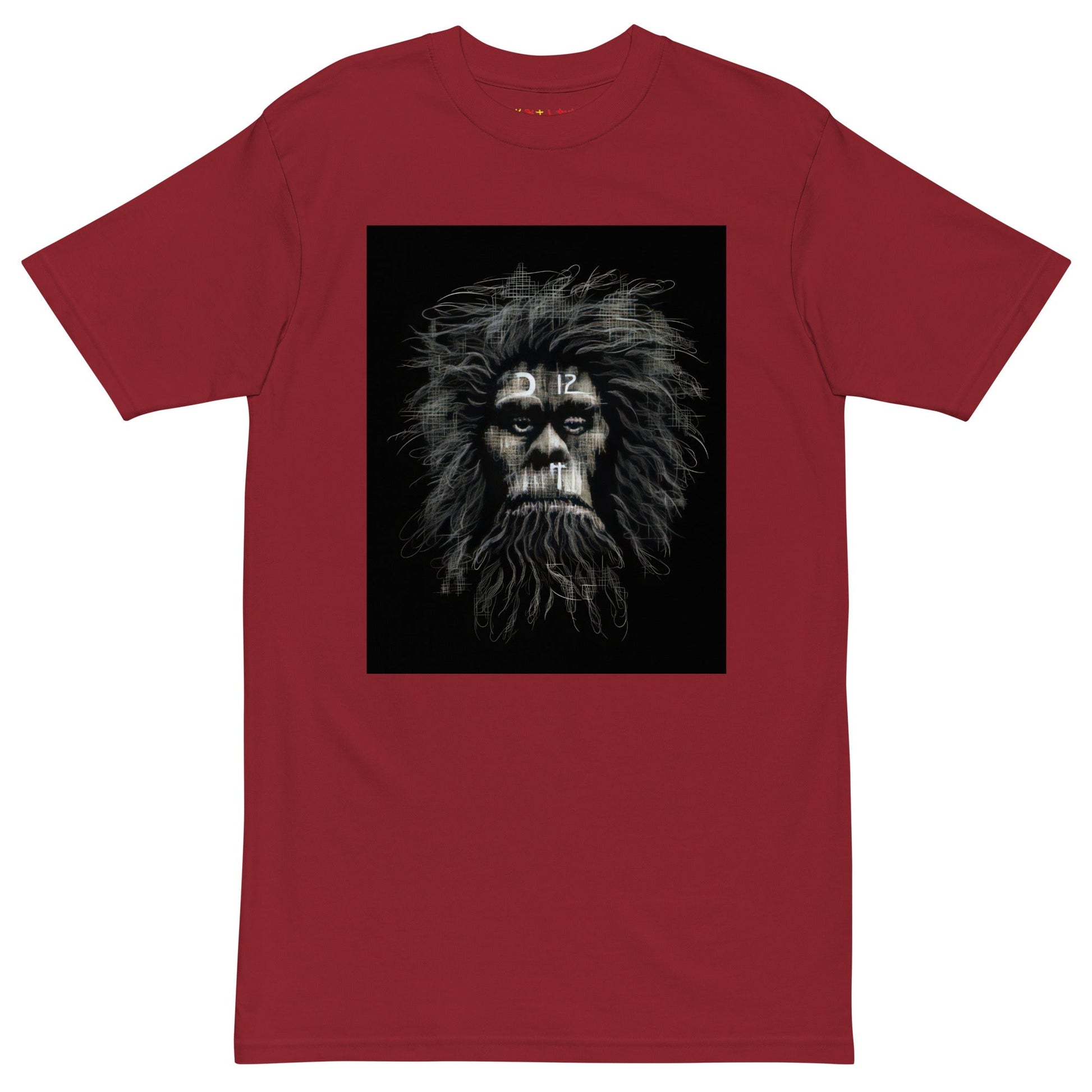 Brick Red Front View of CAVEMAN PORTRAIT Premium Heavyweight T-Shirt